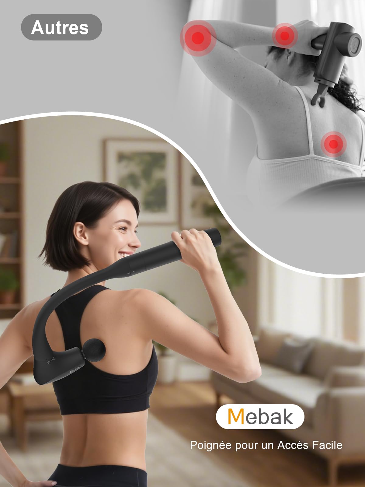 Mebak M3 Pistolet de Massage Massage Gun Musculaire, 2 en 1 Transformable Pistolet Massage, 5-Speed électrique Ultra Silencieux Portatif Masseurs pour le Dos, les épaules et le Corps Relax
