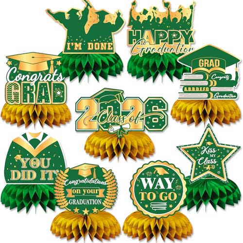 Image of Graduation Table Decorations Class of 2026, 9Pcs Graduation Centerpieces for Tables Green Gold Honeycomb Centerpiece Congrats Grad Table Toppers Congratulate Decorations for Grad Party Supplies