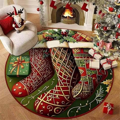 クリスマス用ラウンドエリアラグ 洗える リビングルーム用 低パイル 滑り止め カーペット 寝室 ホームオフィス 室内用 クリスマスソックス柄,G,40cm