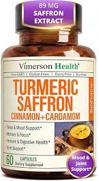 Saffron Supplements with Turmeric Curcumin, Saffron Extract 89mg, Ceylon Cinnamon, and Cardamom for Women and Men Turmeric Supplement for Daily Inflammation, Mood & Joint Support 60 Capsules