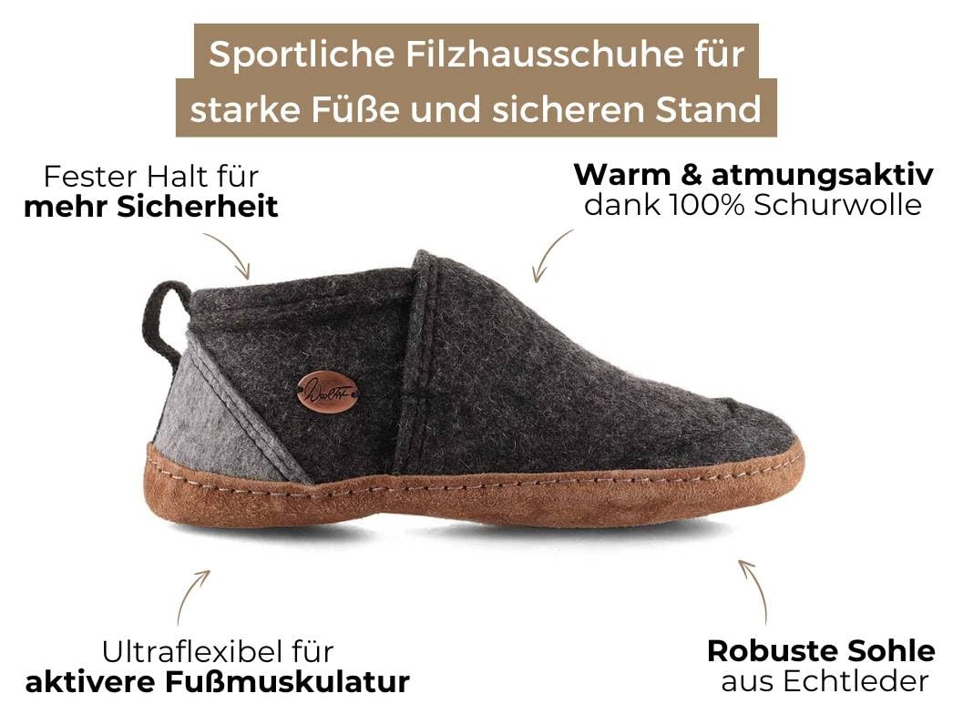 WoolFit Taiga Hausschuhe mit Ledersohle - moderne Hüttenschuhe unisex, Gr. 36-50