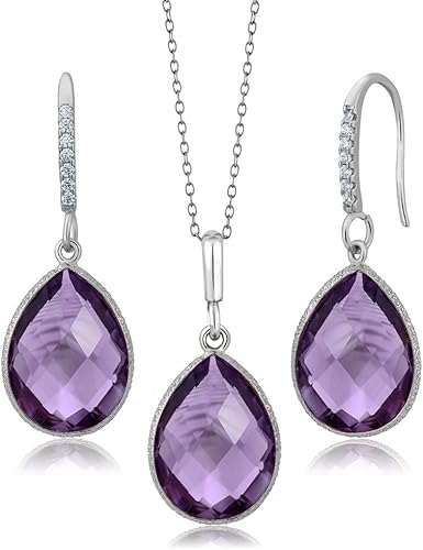 Gem Stone King Juego de colgantes y aretes de plata de ley 925 con forma de pera de amatista para mujer piedra natal de 1950 quilates con cadena de