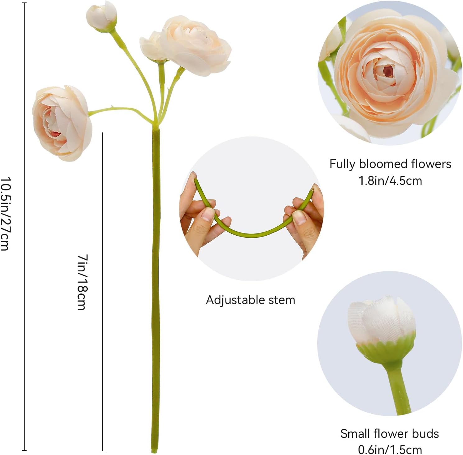 Ranunculus Artificial Flowers 24 Pcs, 10.5" Mini Faux Silk Flowers with Stems, Cream Fake Ranunculus for DIY Wedding Bouquets, Table Centerpieces, Bridal Shower Decorations