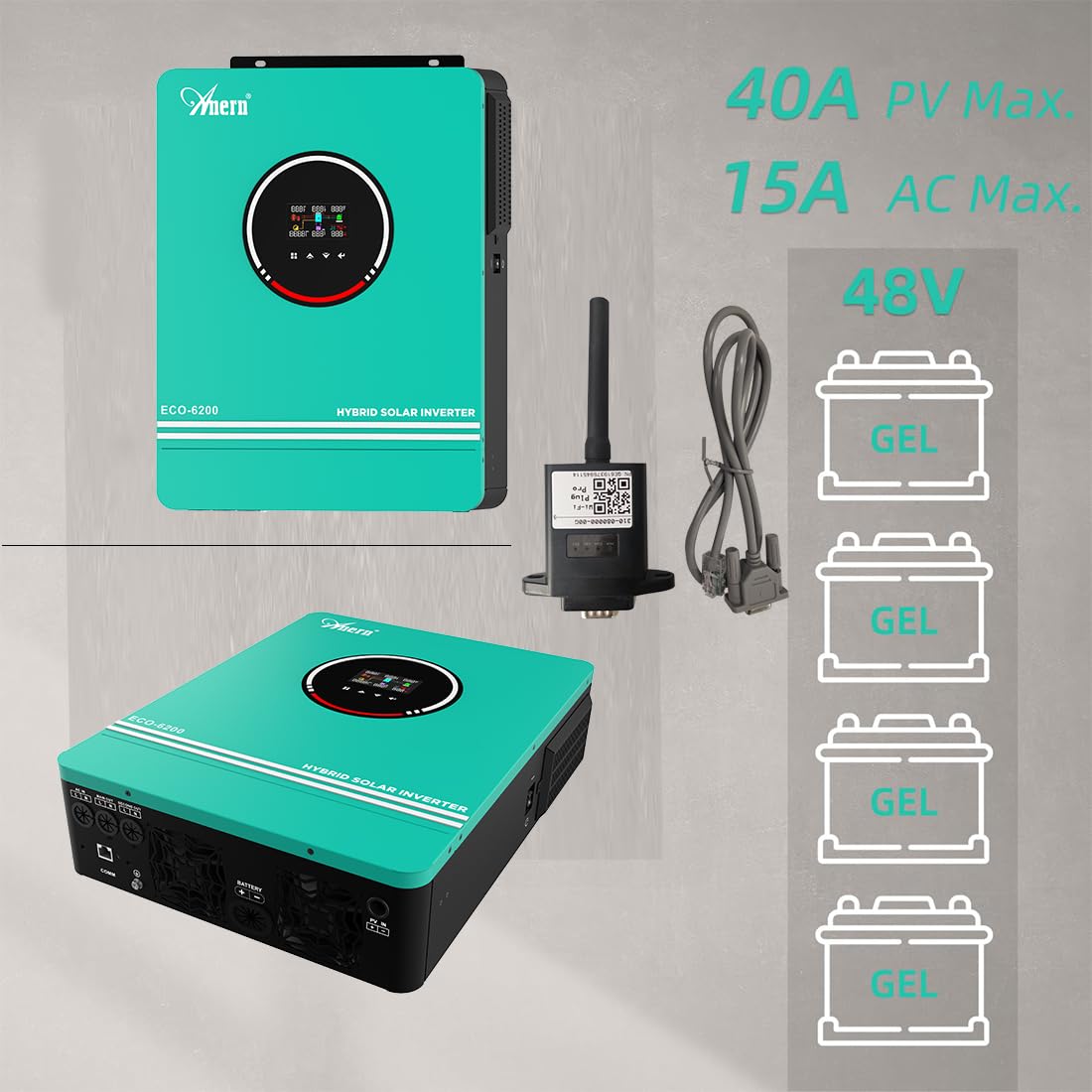 Anern 6.2KW Inversor Solar Híbrido DC 48V a AC 220/230V Sin Red con Módulo WiFi y Pantalla LCD Regulador Solar MPPT 120A, Entrada de PV Máx.500V, Inversor Híbrido Funciona con o Sin Pilas