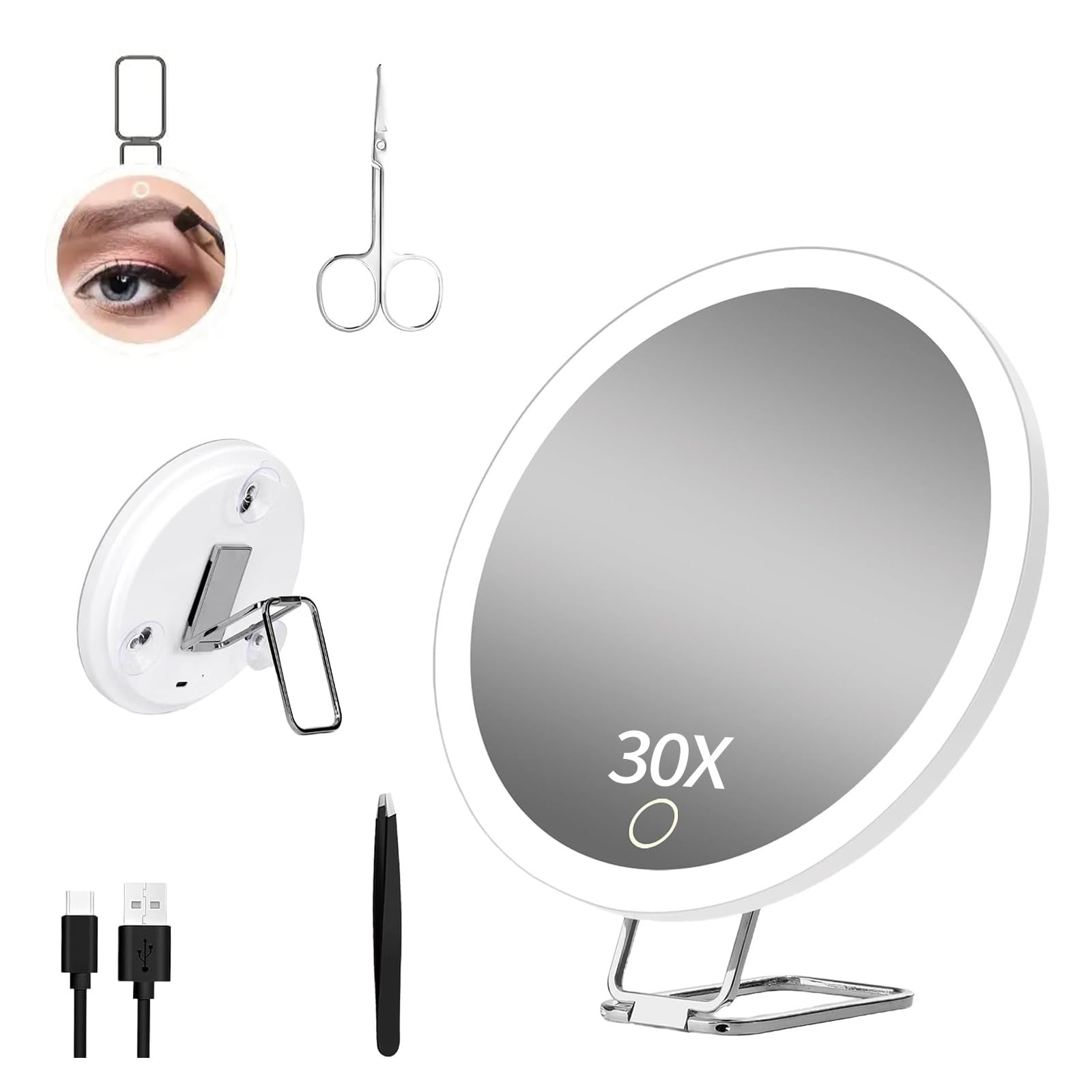 DYUEE 30X Magnifying Mirror with Light 6'' Lighted Travel Magnification Mirrors X30 Pocket Magnifying Makeup Mirror Enlarging Handheld Looking Glass with Stand Sucker Scissors Tweezers (White)