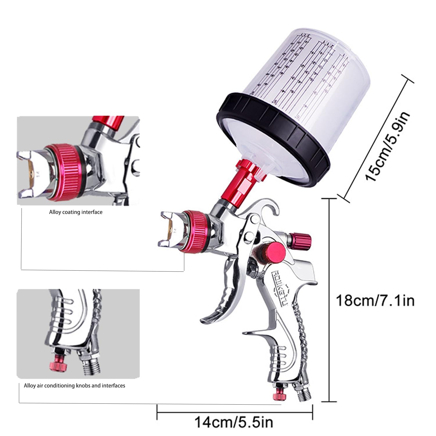 Pistola per Verniciare Pneumatica con 10 Tazze Colorate - Pistola a Spruzzo per Verniciare per Carrozzeria Auto, Kit Completo con 3 Ugelli e Manometro (Rosso)