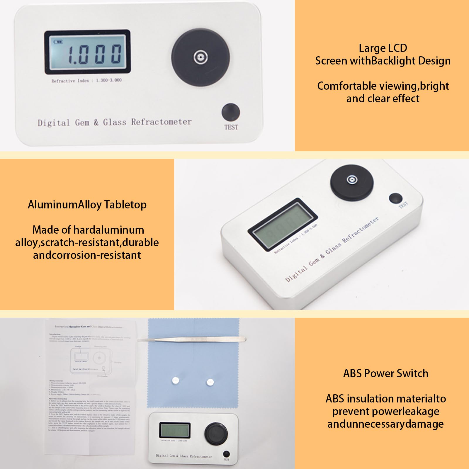 Rifrattometro digitale per gioielli con display LCD, errore di misurazione ± 0,005, indice di rifrazione 1,300-3.000 per analisi giada e cristallo
