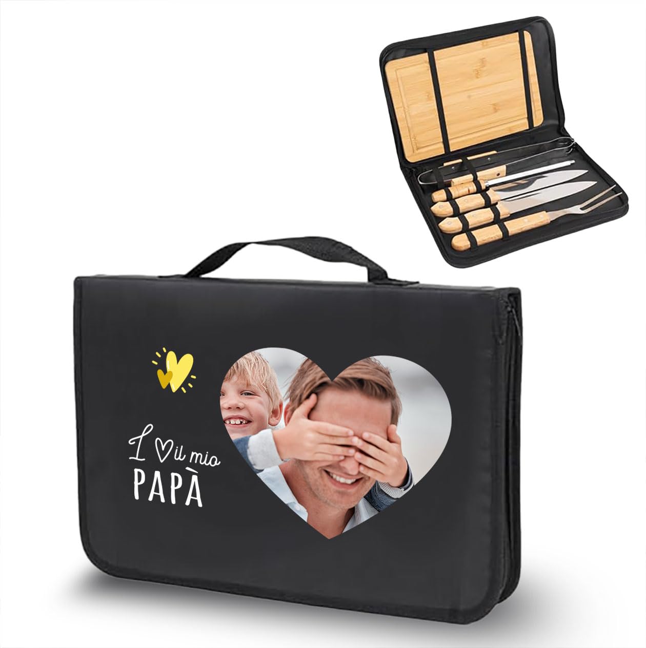 ''Love'' Set Barbecue con 4 Accessori in Acciaio Inox con Manico in Legno e Tagliere in Legno, Include Coltello, Intagliatore, Pinzetta e Spatola personalizzato con nome festa del papà dei nonni