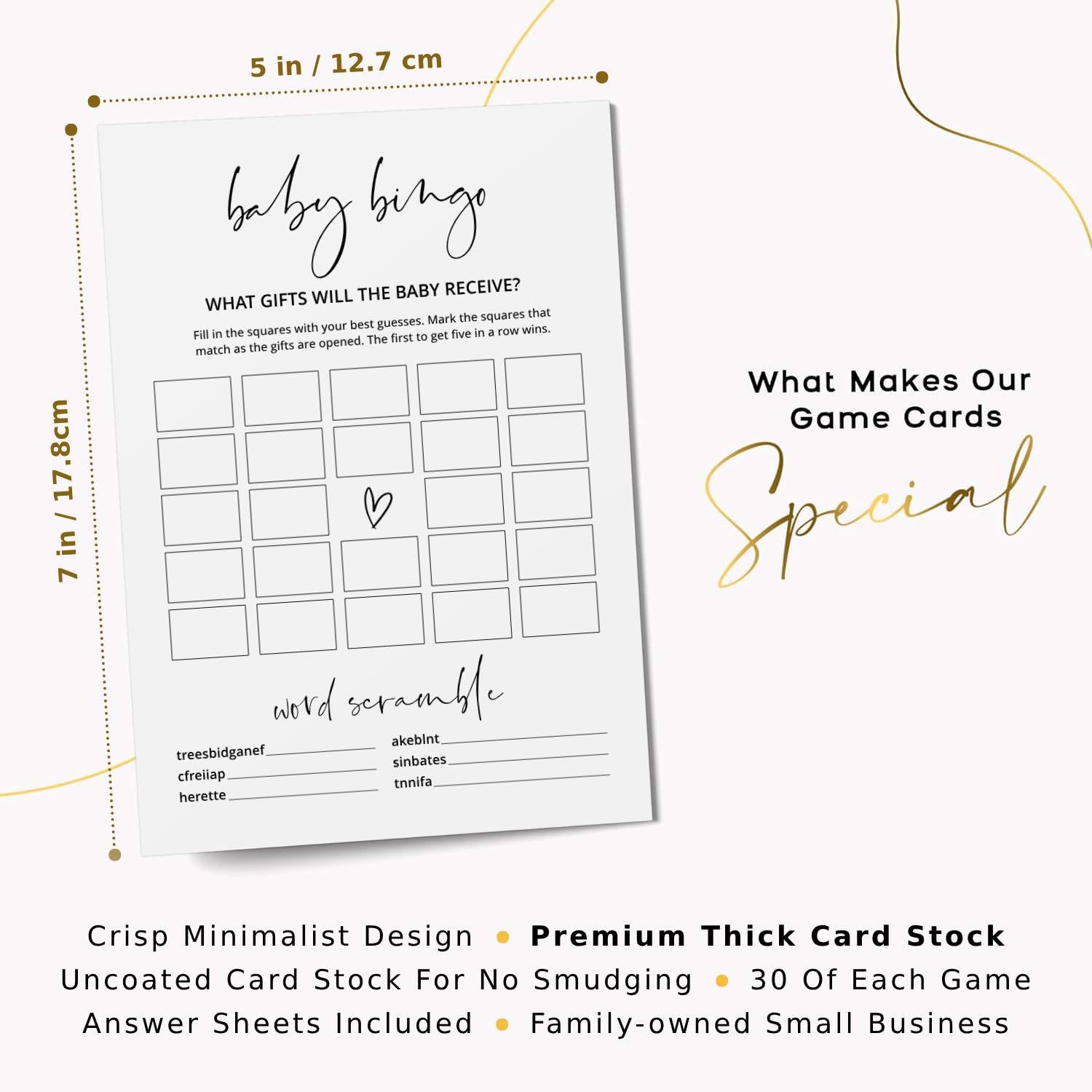 Baby Shower Games, Set of 4 Minimalist Baby Shower Games for 30 Guests, Boy or Girl, Double-Sided Cards, 30 Pencils (Minimalist)