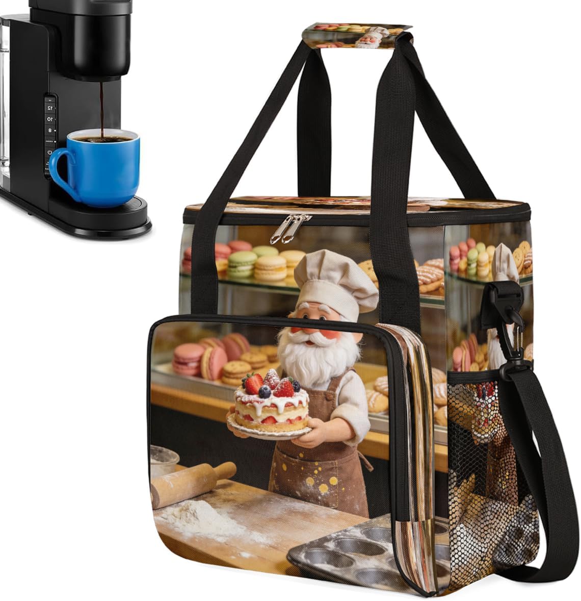 Gnome Baker Cake Portable Coffee Maker Carrying Bag Compatible with Keurig K-Mini/K-Mini Plus - Travel Storage Tote with K-Cup Pod Pockets for Single Serve Coffee Brewer