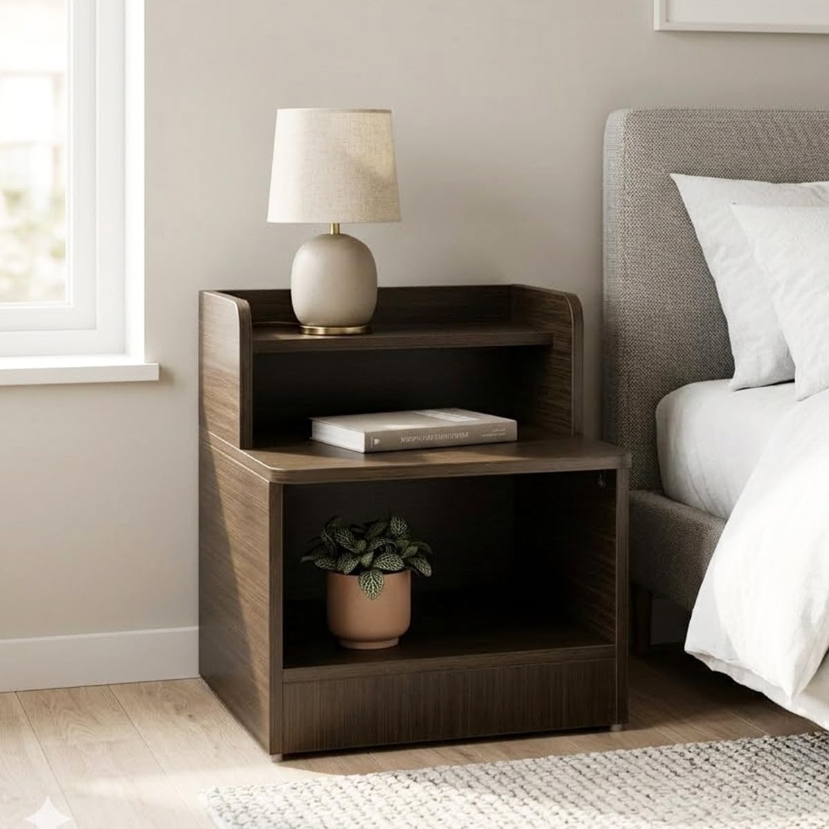 Nilkamal Arthur Plus Night Stand| Wooden Bed Side Table with Open Shelves |Multipurpose End Table for Bedroom, Living Room | Legno Oak Dark-image-32