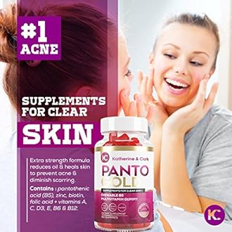 Katherine & Clark Vitamin B5 Pantothenic Acid Gummies for Acne - Panto Gold - Hair Skin Nails - Biotin, Zinc, Folic Acid Chewable Non-GMO Gluten-Free Vegetarian for Body, Oily Skin, 60ct