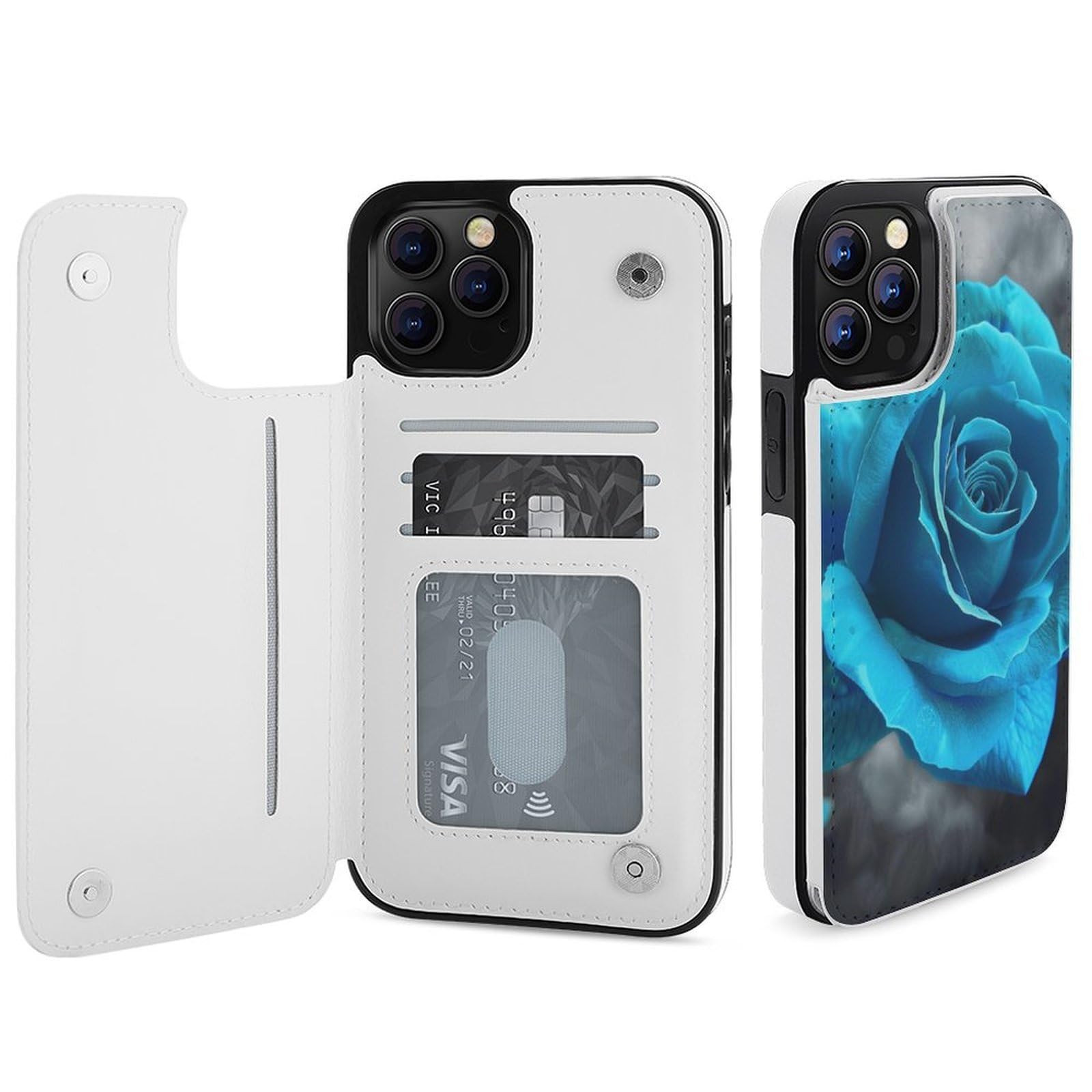 Fundas tipo cartera para iPhone 12 Pro Max, funda de piel con tapa y ranuras para tarjetas con estampado de rosas azules