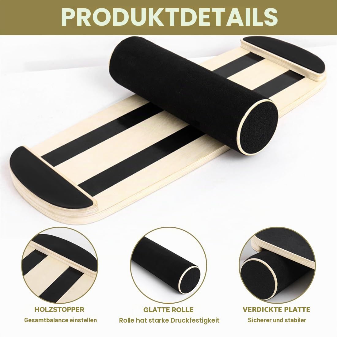 Balance Board, Holz-Gleichgewichtsboard mit verstellbaren Stoppern und Rollen, Holz Balance Board Trainer Rollbrett zur Verbesserung des Gleichgewichts, Übungen, Surf-Trainer und Boardsport