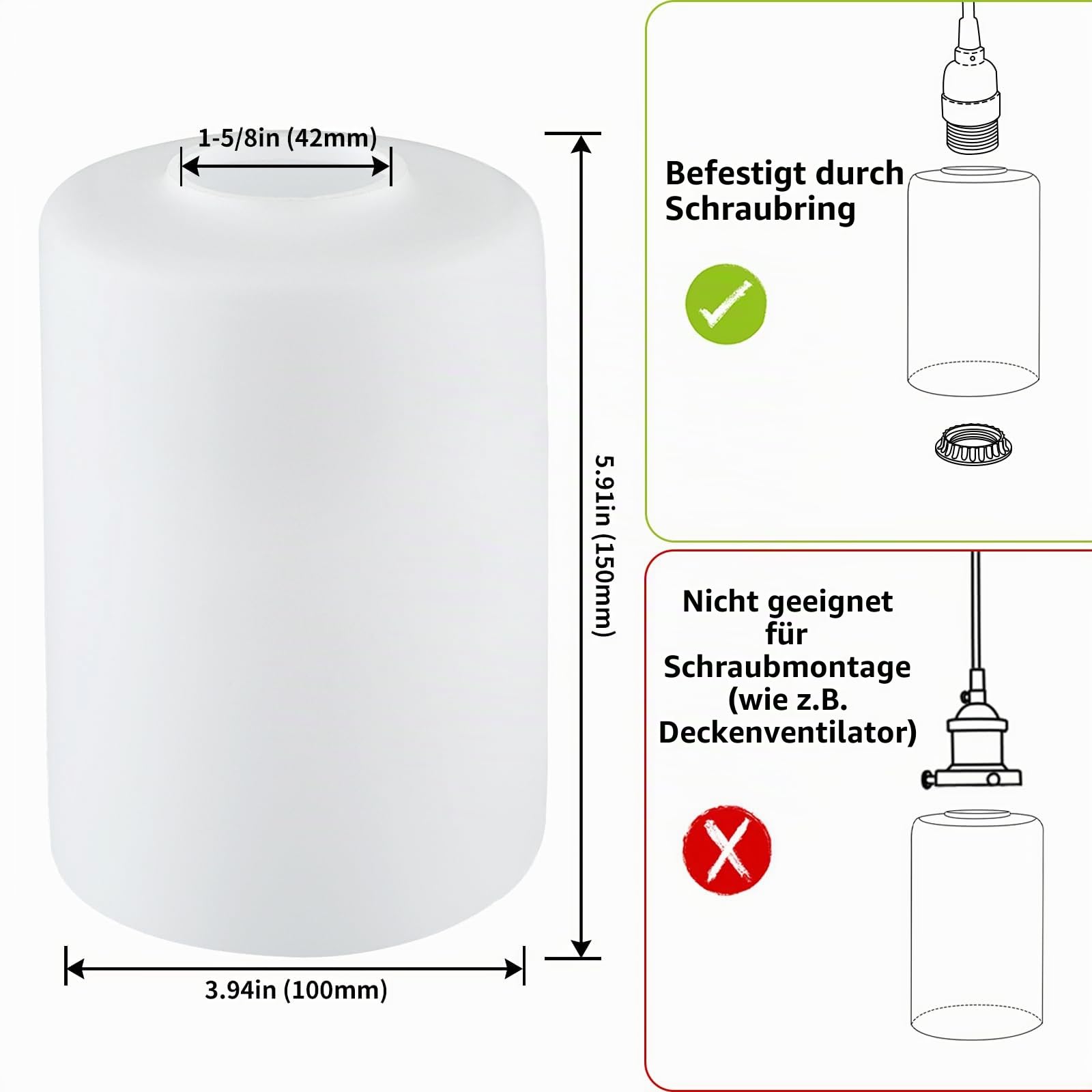 Skelang 2 Stück Glas Lampenschirm Weiß Opal Matt, 42 mm Ersatz Lampenschirm, Lampenglas Glas für Hängeleuchte, Wandleuchte, Lampe