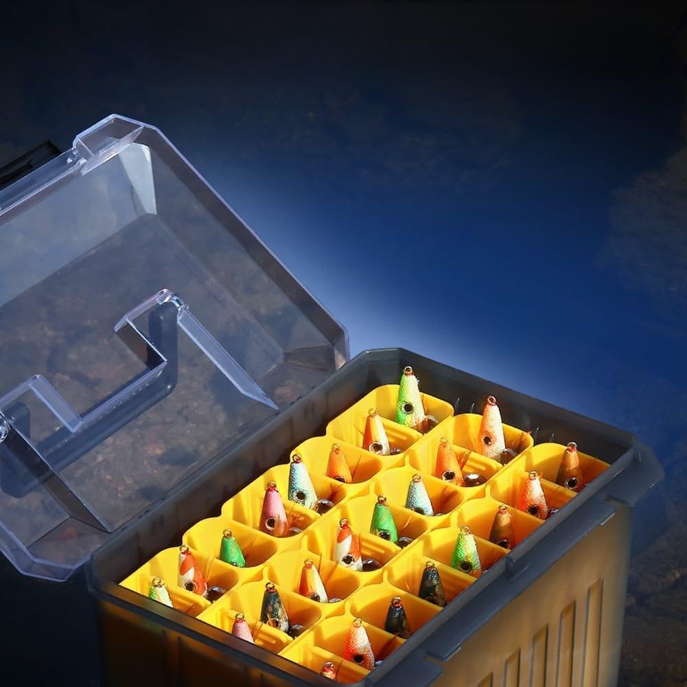 Caja de aparejos de pesca de 24 rejillas con base impermeable, contenedor compacto de ABS con separadores ajustables y asa para almacenamiento de pulpos, color amarillo