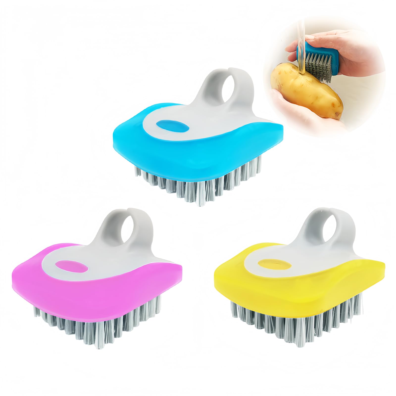 Jianglai Pink,Yellow,Blue Vegetable Brush Potato Scrubber Brush For Food, Fruit And Veggie Scrubbing Brush With Silicone Non-Slip Grip, Cleaning Tools For Washing Fruit Potato Carrots Mushrooms Kitchen, 3 Pcs