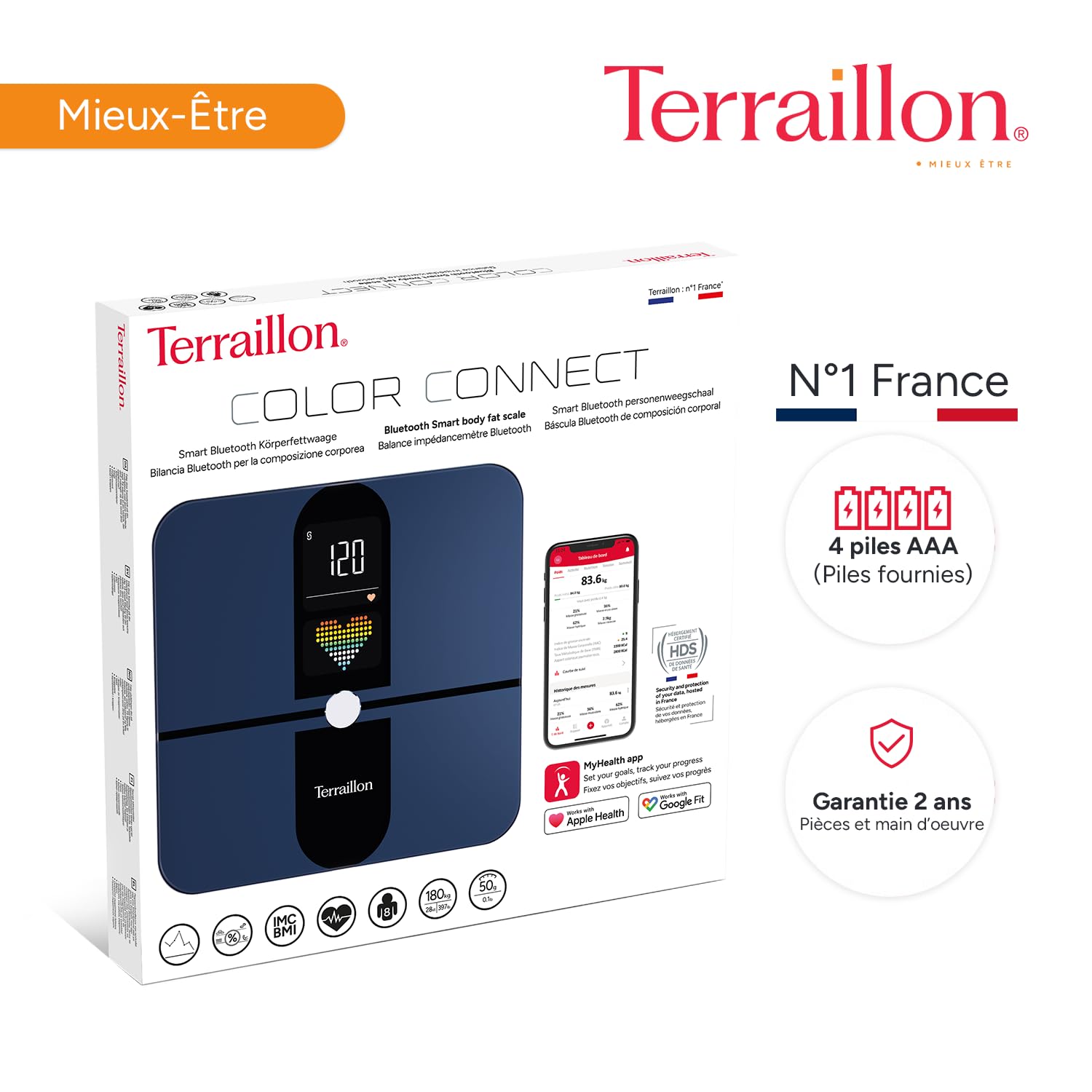TERRAILLON - COLOR CONNECT - Połączona waga Bluetooth, tętno, masy: tłuszcz-mięśnia-wodno-kostna, BMI, pojemność 180 kg, podziałka 50g, kolorowy wyświetlacz Multi Display, Niebieski