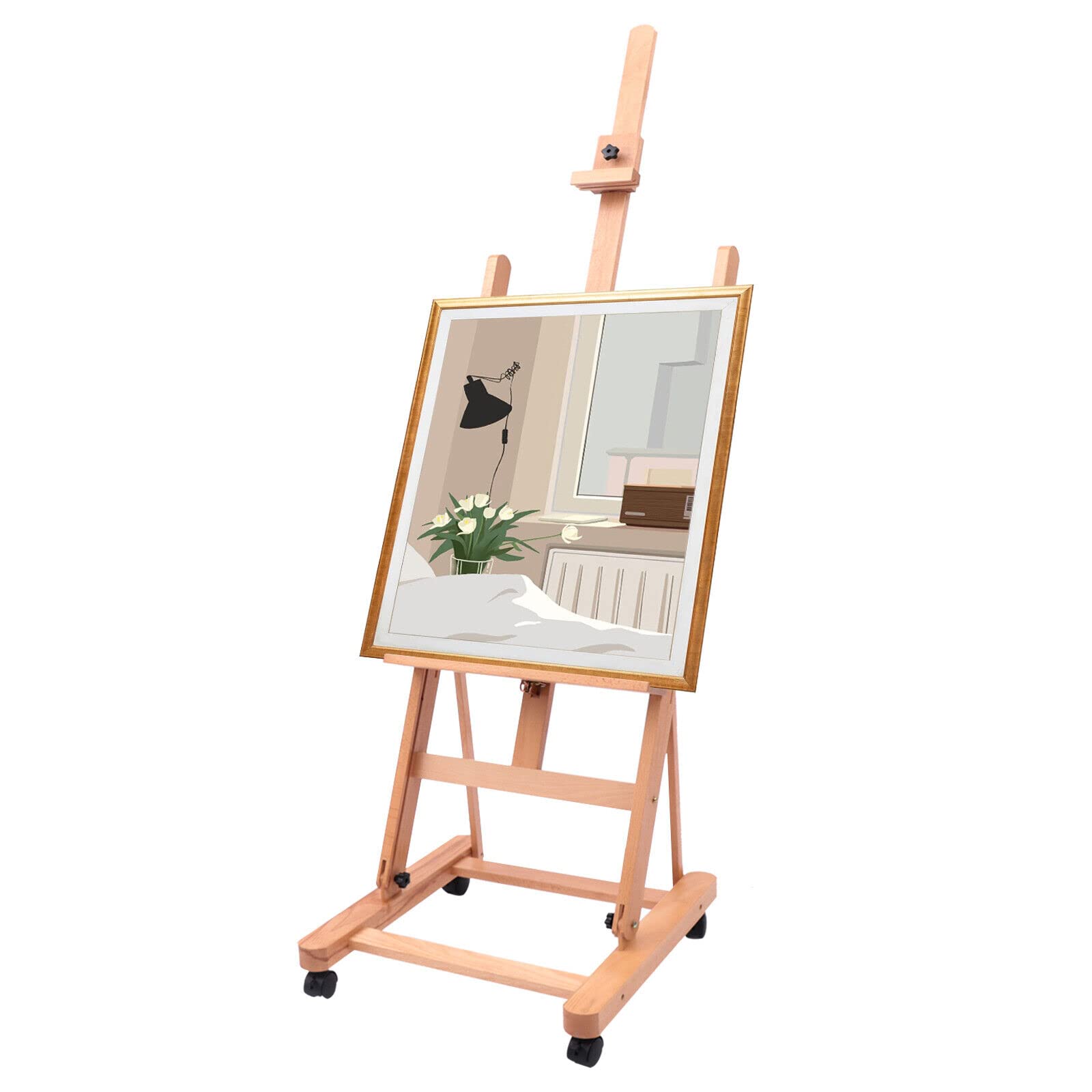Drewniana sztaluga 48 cali, rama H, duża sztaluga dla artystów, przenośna atelier, żagiel do malowania podłogowego, z regulacją wysokości z kółkami, do wystaw sztuki, szkół artystycznych, studiów, sal