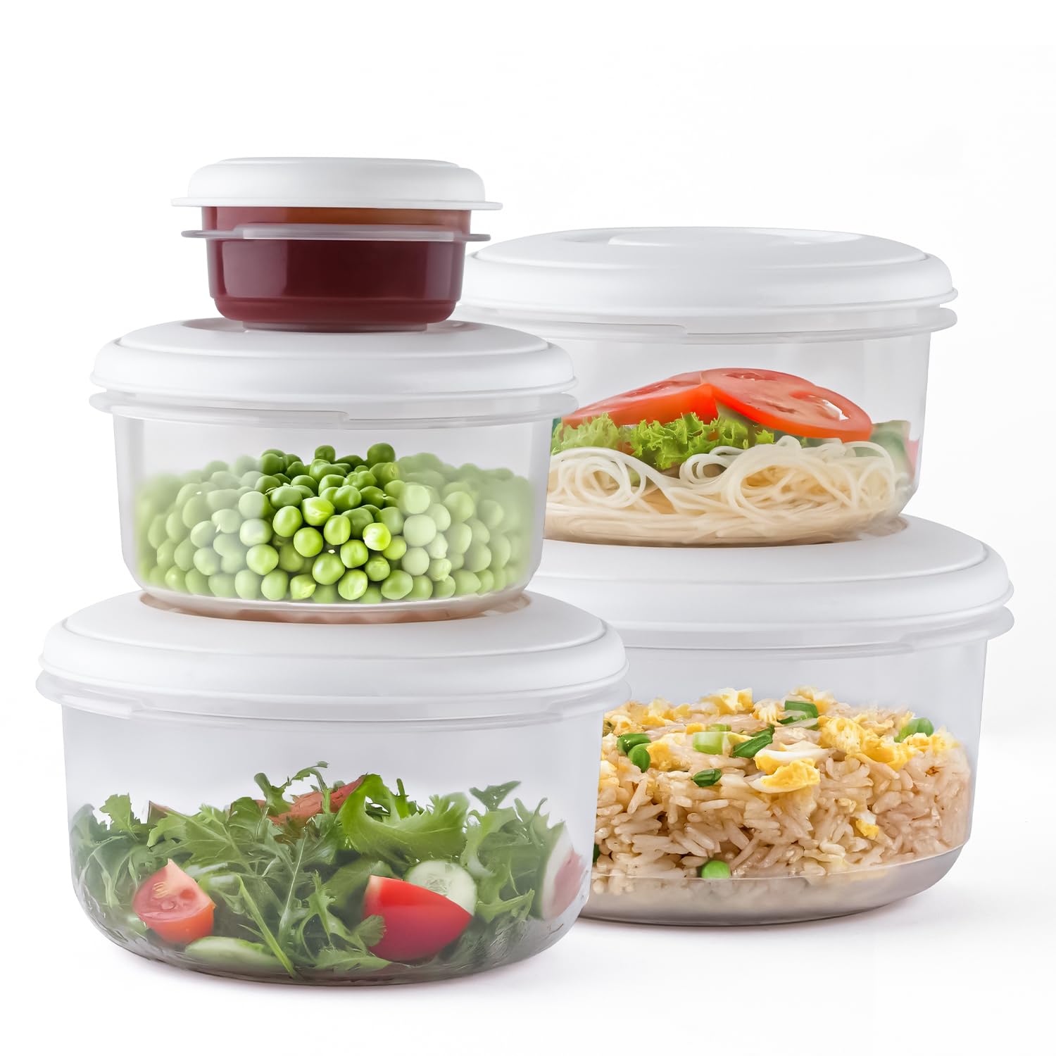 Winsome White & Transparent 5 Pcs Food Storage Boxes Round (0.1-2 Litre) For Storing Fruits, Vegetables, Sandwiches, Pasta, Cookies & Dry Items | Stackable Bpa-Free Tupperware Food Container Set For Kitchen, School & Takeaway
