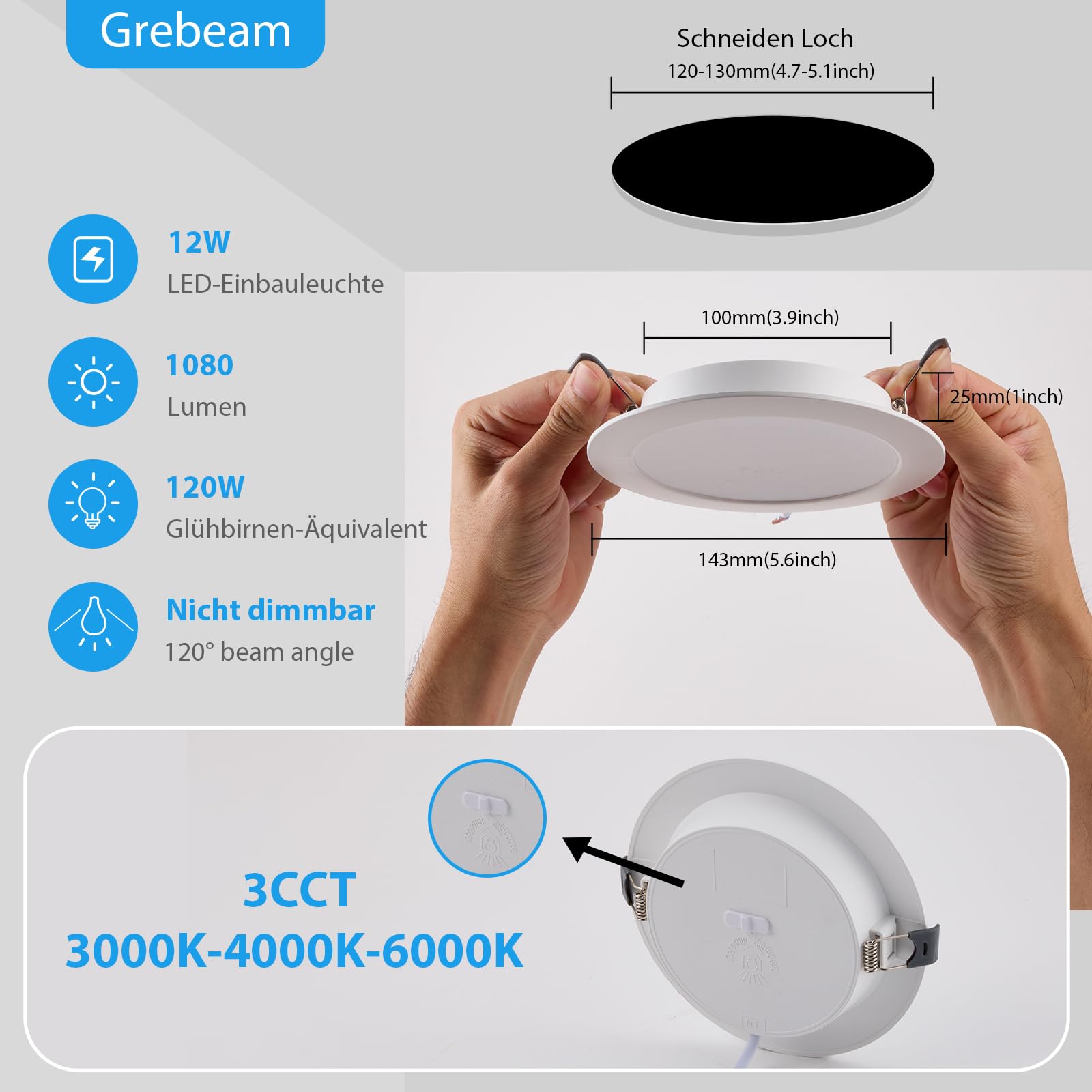 12 Stück LED Spots Deckenleuchte IP44 12W 3CCT 1080lm Ausschnitt Ø120-130mm