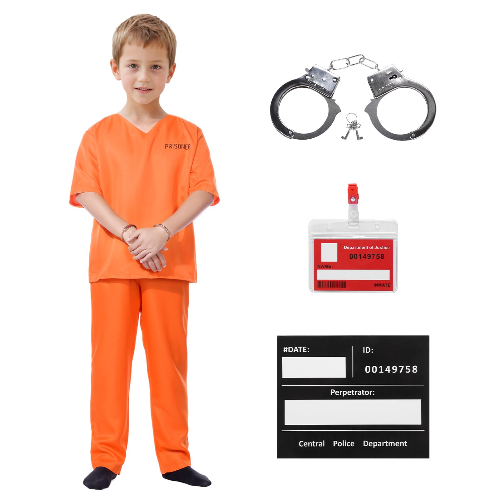 Blisscok Prisoner Costume 5-Piece Set for Kids and Adults - Orange Top, Trousers, Convict Fancy Dress for Halloween (Kid, 130)