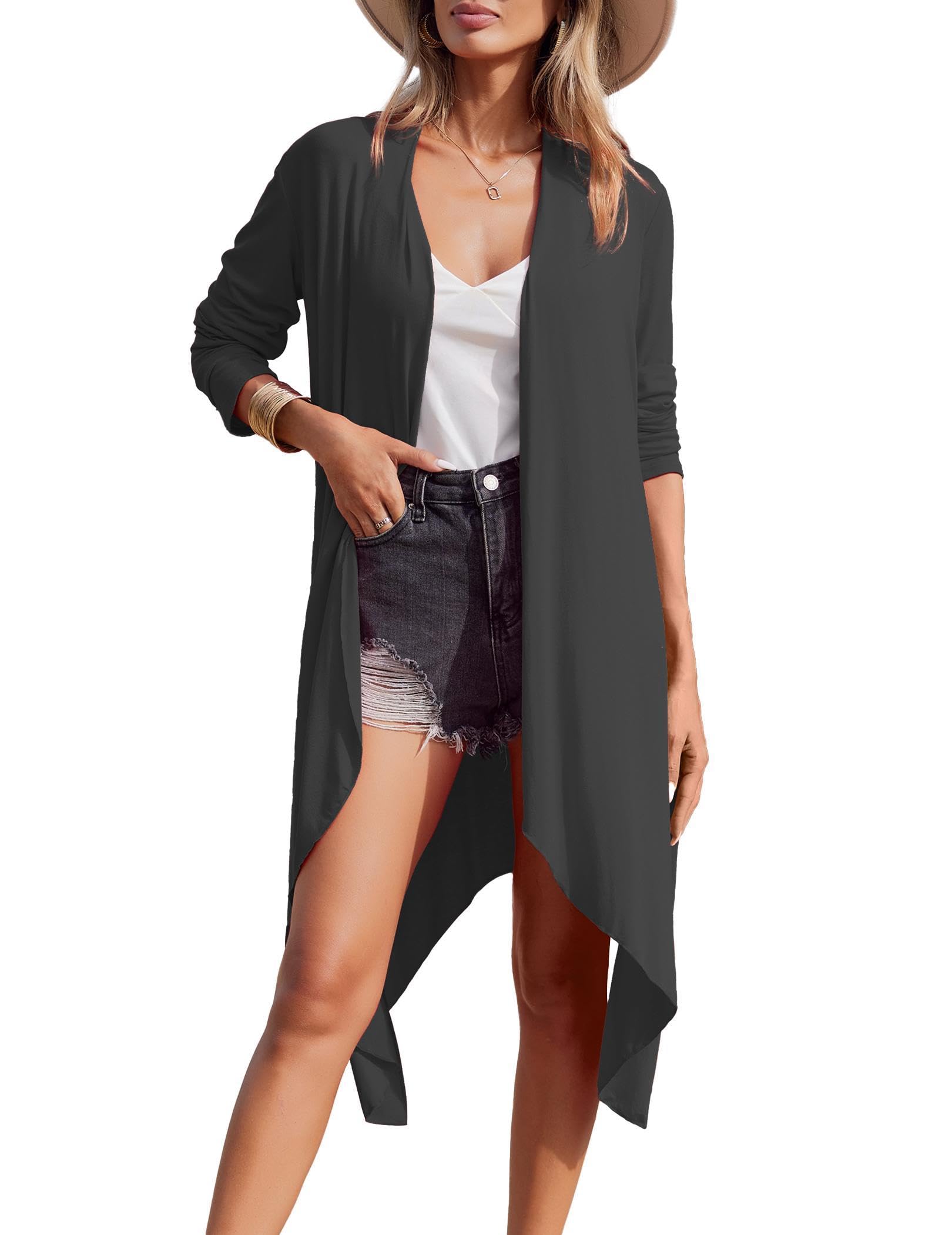 Meaneor Long Cardigan for Women, Lightweight Long Sleeve Asymmetric Open Front Drape Cardigan Dark Gray