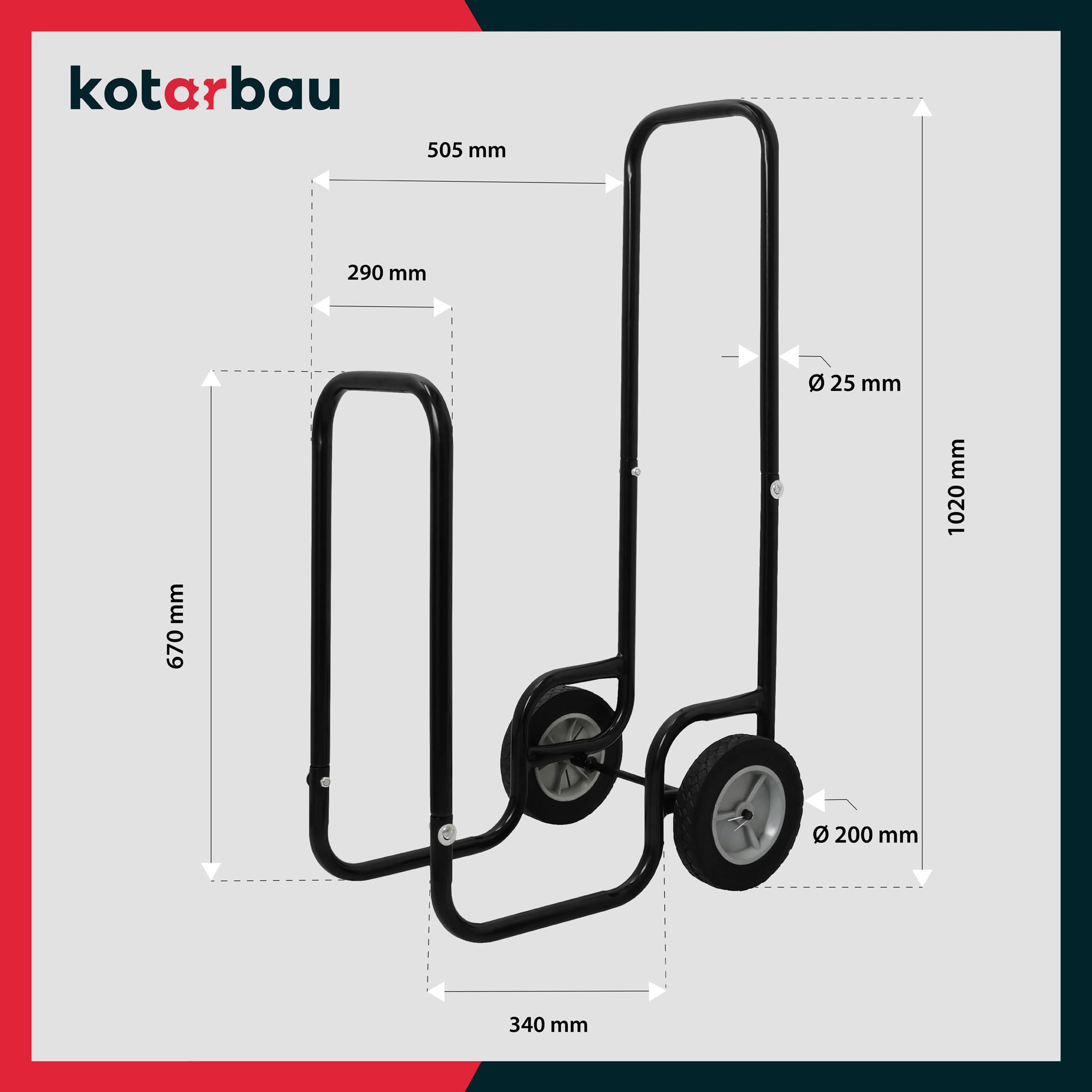 KOTARBAU® Carrello per legna da ardere con ruote, carrello in legno, 102 x 54 x 41 cm, 80 kg, colore nero, verniciato a polvere, per legna da ardere e legna da ardere