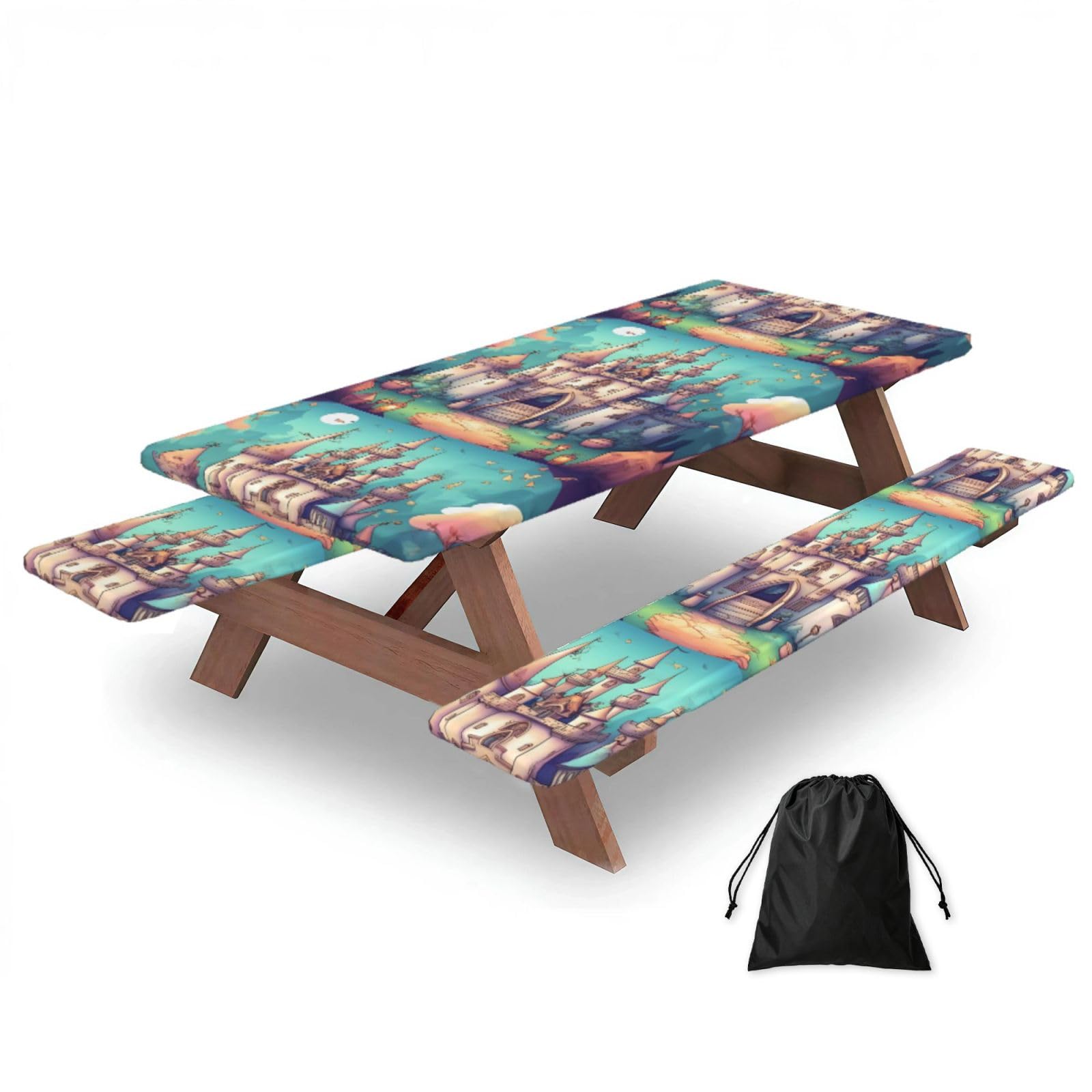 Erwqavc Black Classical Castle Print Picnic Table Cover & Bench Covers 3-Pack Set, Elastic Tablecloths For 6 Ft Rectangle Tables