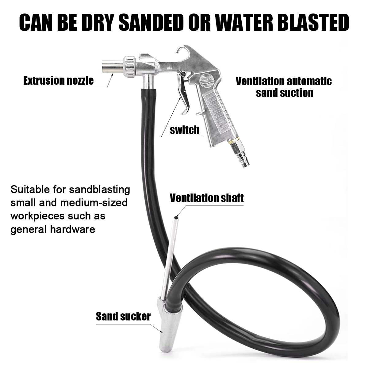 Pistola Sabbiatrice per Compressore, Sandblaster Set Portatile, con Tubo in Gomma (1 m), ugello in metallo e Ugelli in Ceramica un Raccordo ad aria, per Lucidatura Superficiale