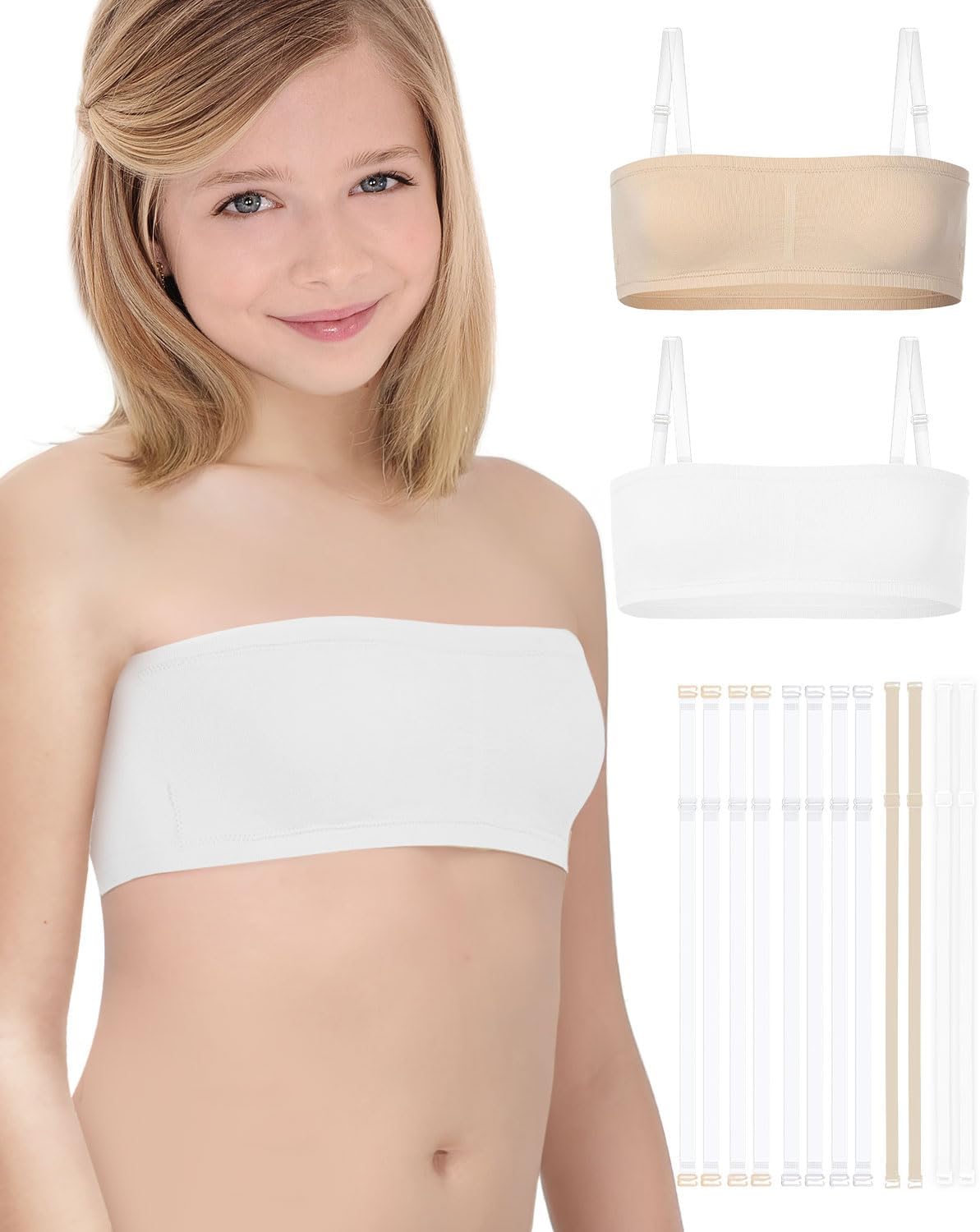 iMucci Girls Bandeau Bra Seamless Clear Strap Training Bras for Girls Sports Tube Top with Adjustable Clear Straps 7-16Y