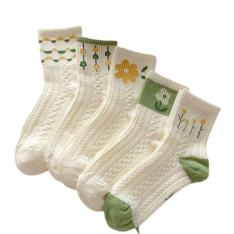 5 Pairs Cute Crew Socks Downtown Girl Aesthetic Fall Socks Gyaru Preppy Cotton Knit Clothes Y2K Cottagecore Stuffs (Green,One Size)