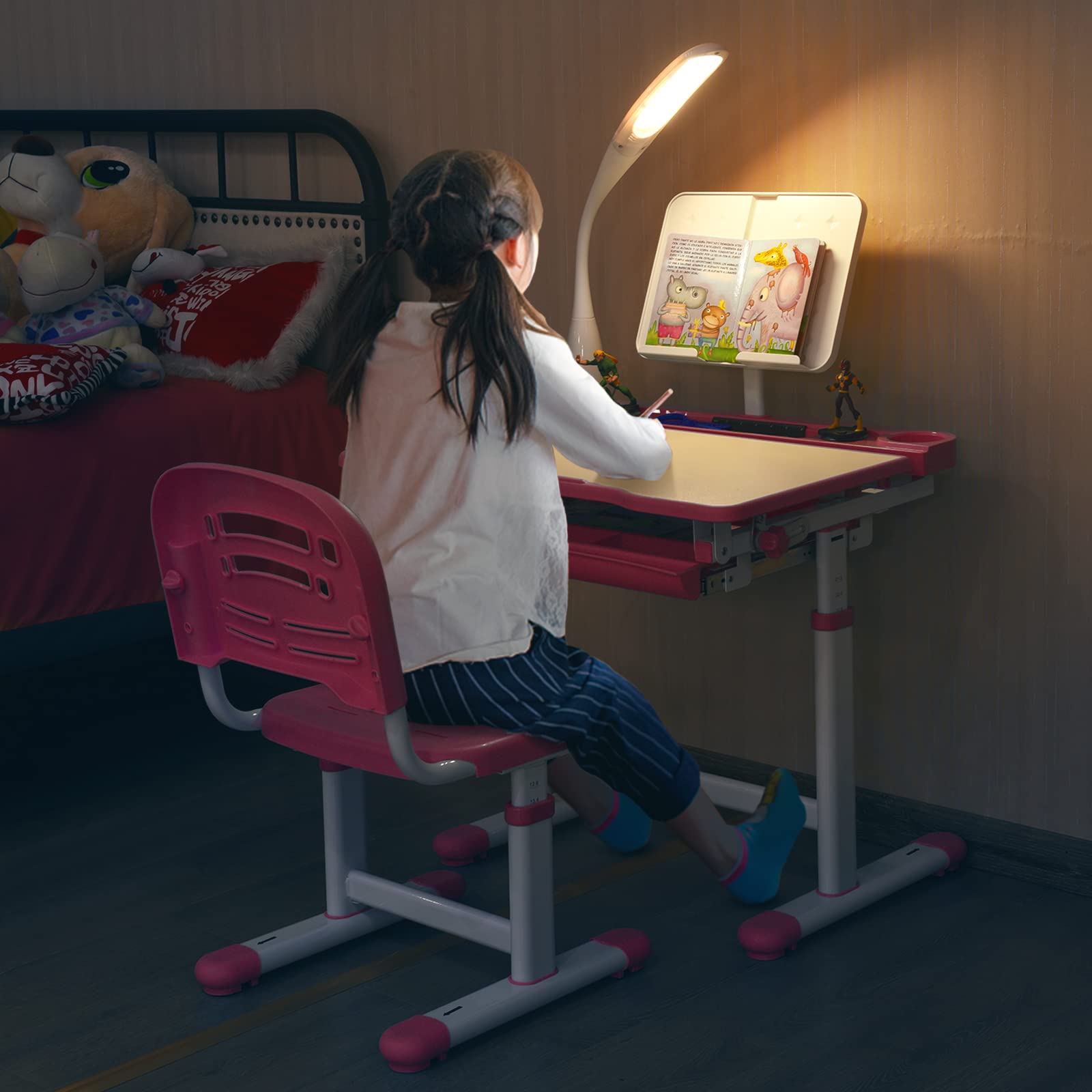 RELAX4LIFE Höhenverstellbarer Kinderschreibtisch mit Stuhl, Schülerschreibtisch mit Augenschutzlampe, Schreibtischset mit Verstellbarer Rückenlehne, Kindertisch mit kippbarer Tischplatte (Rosa)