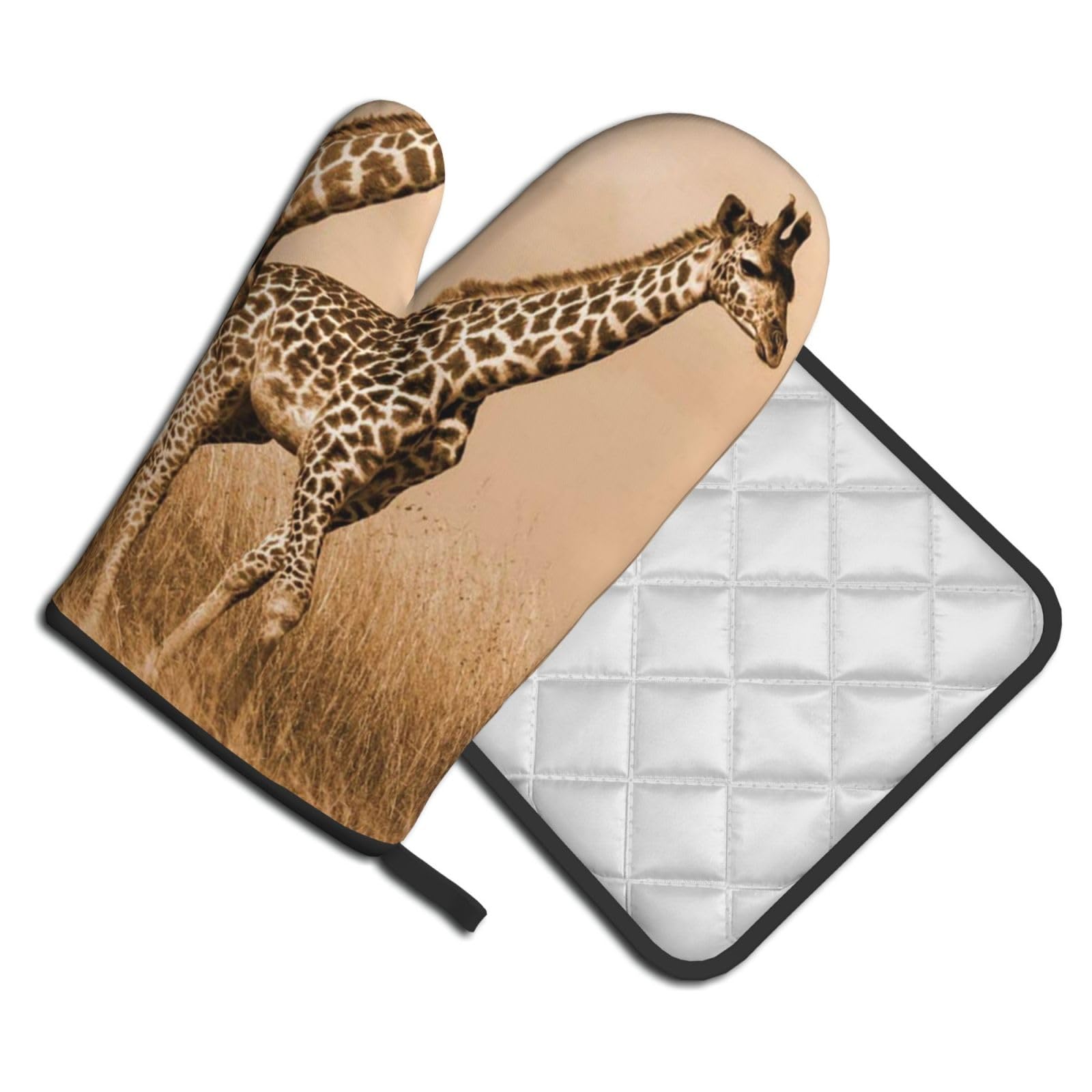 Oven Mitts and Pot Holders Set of 2 Pcs, Two Giraffe Running on The Barren Printed Heat Resistant Kitchen Gloves Potholders for Cooking Baking Grilling