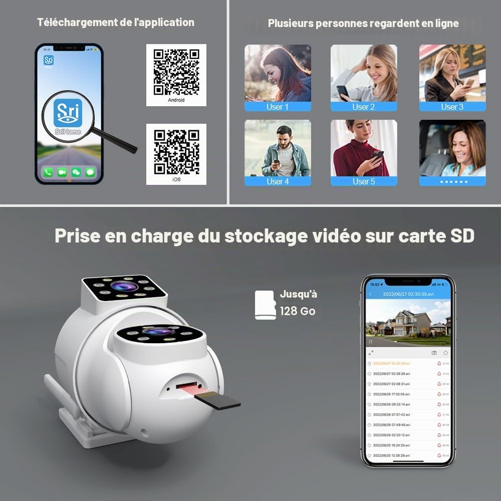 SRIHOME 2 * 2MP Caméras de Surveillance extérieures, 2.4GHz Bullet-PTZ Double Objectif, Détection Humaine, Vision Nocturne en Couleurs, Audio bidirectionnel, Stockage Local SD, IP66 (1)