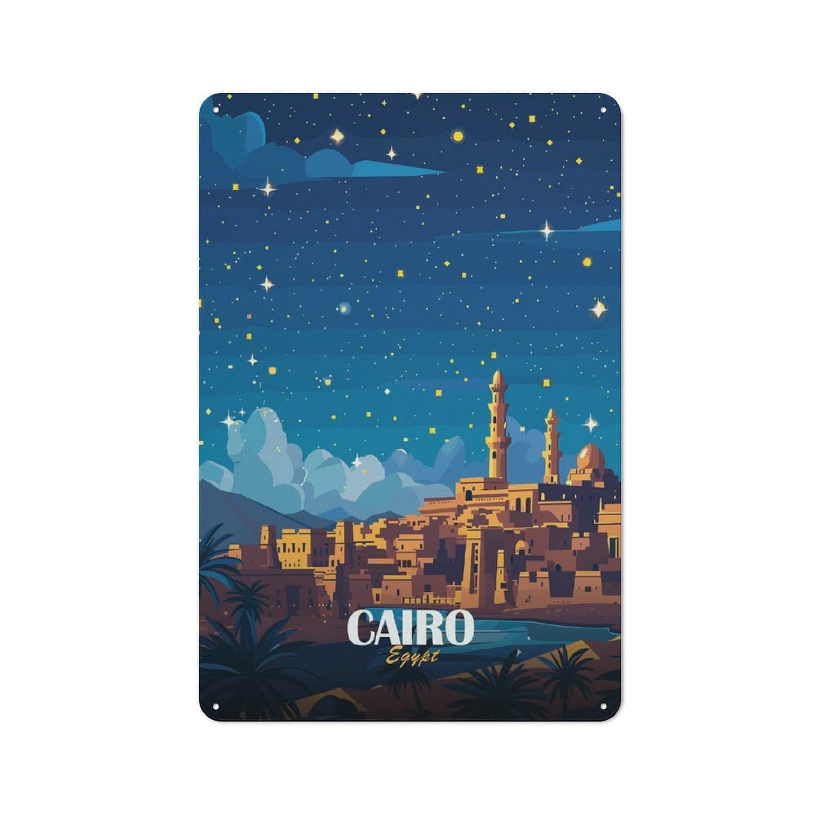 Junmoney Style-8 Cairo, Egypt At Night Retro Metal Wall Decor 30X20cm, Retro Metal Sign For Garage, Hobby Room, Office Or Man Cave
