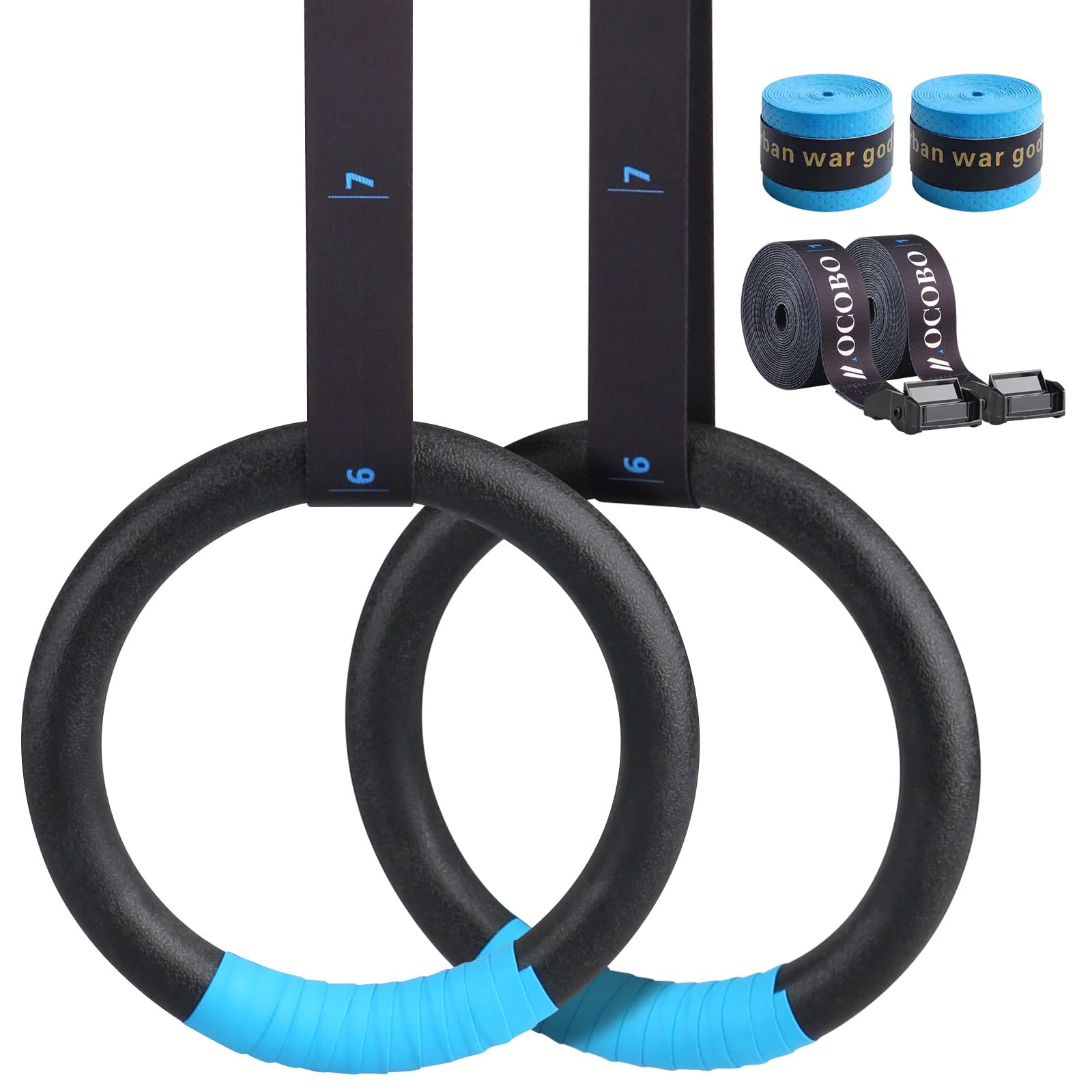 MOCOBO Turnringe, Ringe Turnen, Gym Rings, Calisthenics Ringe, Fitness, ABS Gymnastikringe mit Hochfeste Polyester-Gurtbänder, Blaues Griffband, Zinklegierungs-Schnallen für Indoor & Outdoor Training