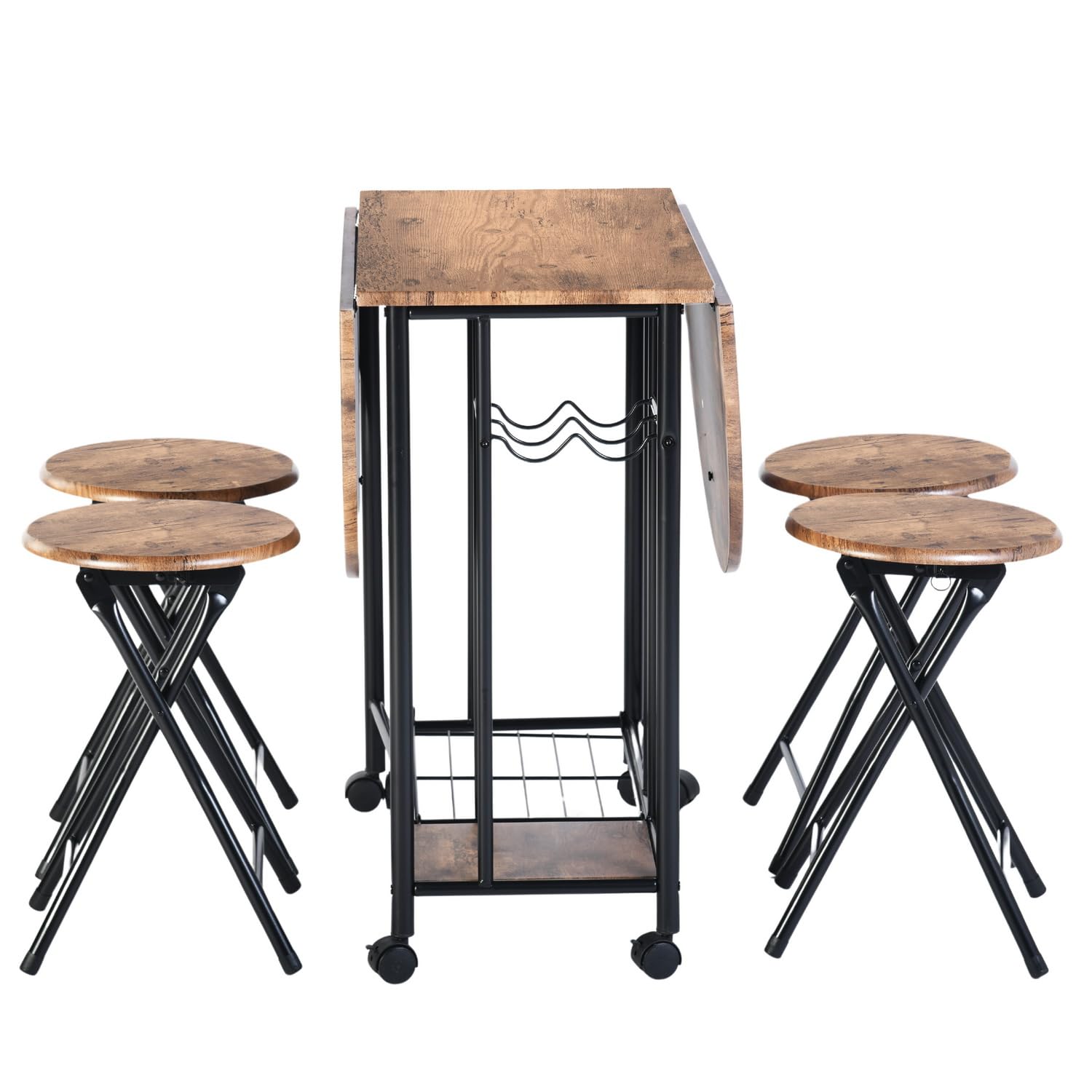Liink1Ga Klaptafel met klapkruk, eettafel, keukentafel met 4 klapbanken, set van 4, inklapbare ronde eettafel met wijnglashouder en 4 inklapbare tafels