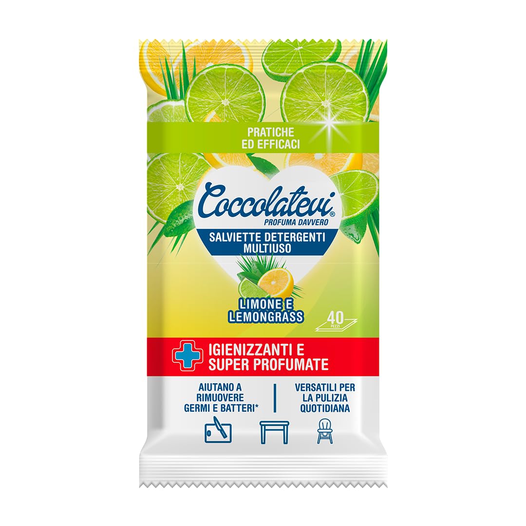 Coccolatevi Salviette Detergenti Multiuso Limone e Lemongrass 9 Confezioni x 40 Pezzi, Igienizzanti con Alcool, Pulizia Superfici Senza Risciacquo, Profumo Intenso e Lunga Durata