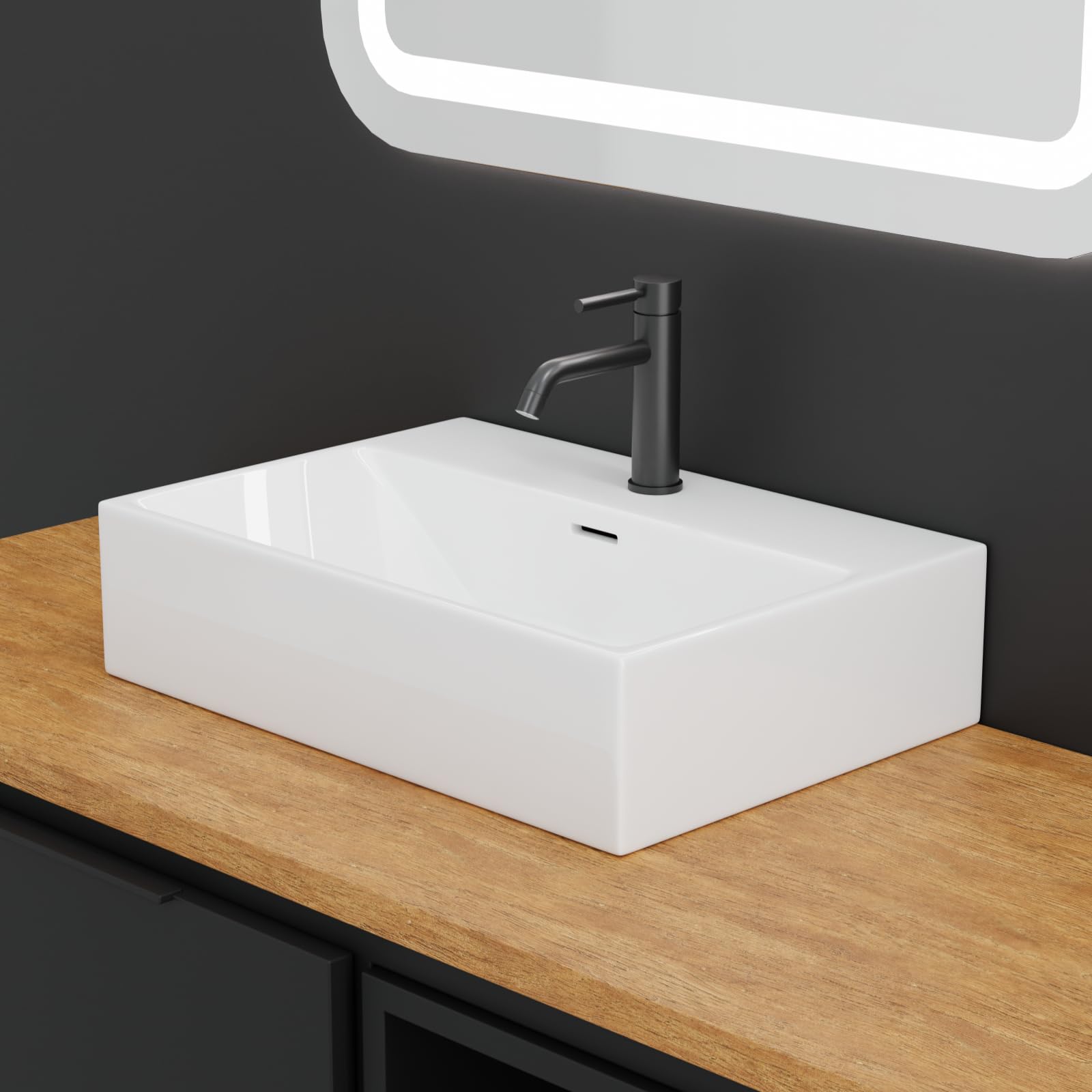 HAGO24 | Waschbecken Keramik 515x360x130mm | eckig | Überlauf | Wandmontage | Aufsatzwaschbecken | weiß | Standardanschluss | kratzfest | schmaler Rand | modern