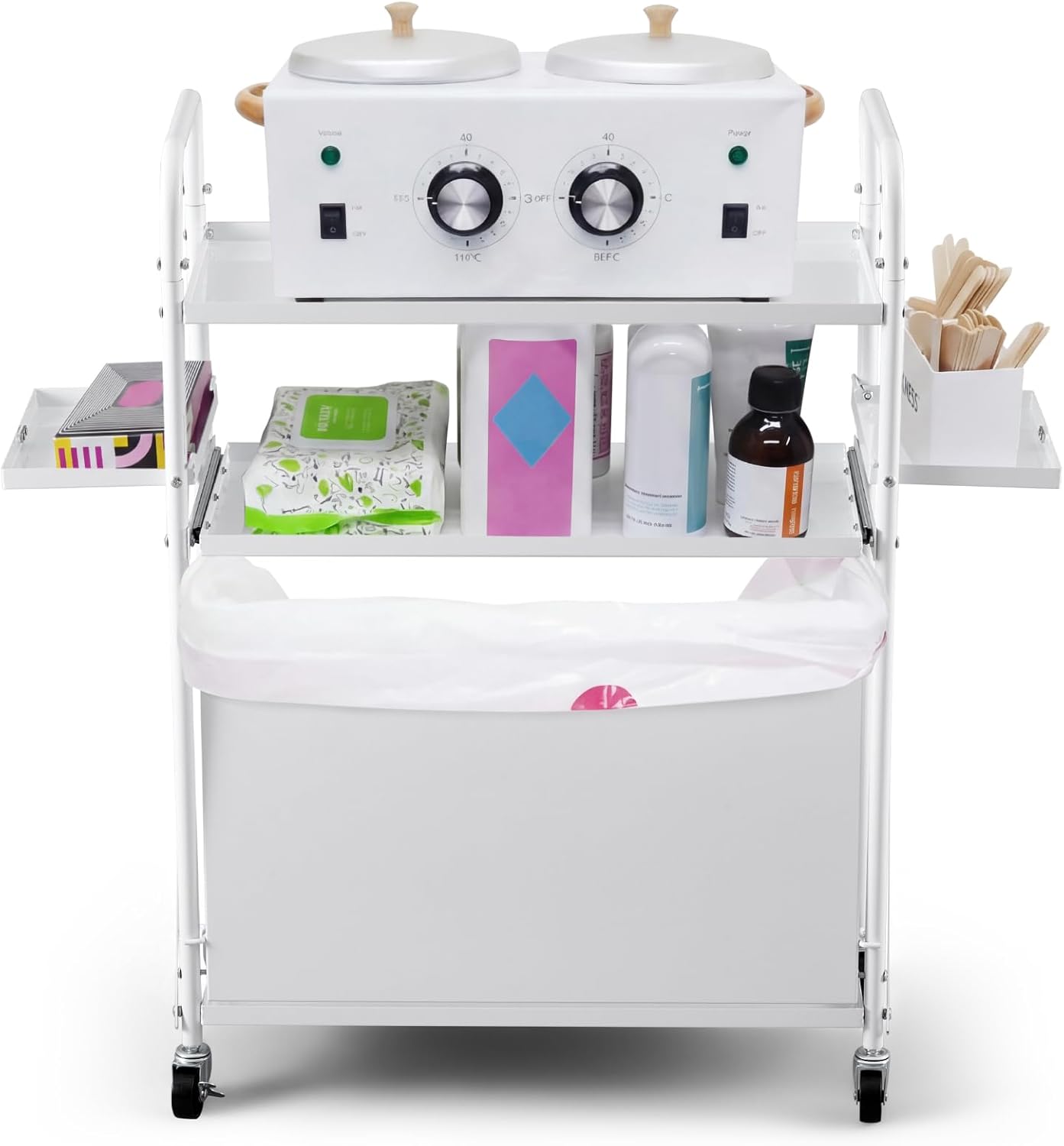 Foldable Waxing Trolley Cart with Wheels 3 Tier Esthetician Beauty Rolling Cart with Dirt Bucket and Pull out Tray, 12"L x 26"W x 37"H, Wax Tool Storage Station for Beauty Salon Spa Massage