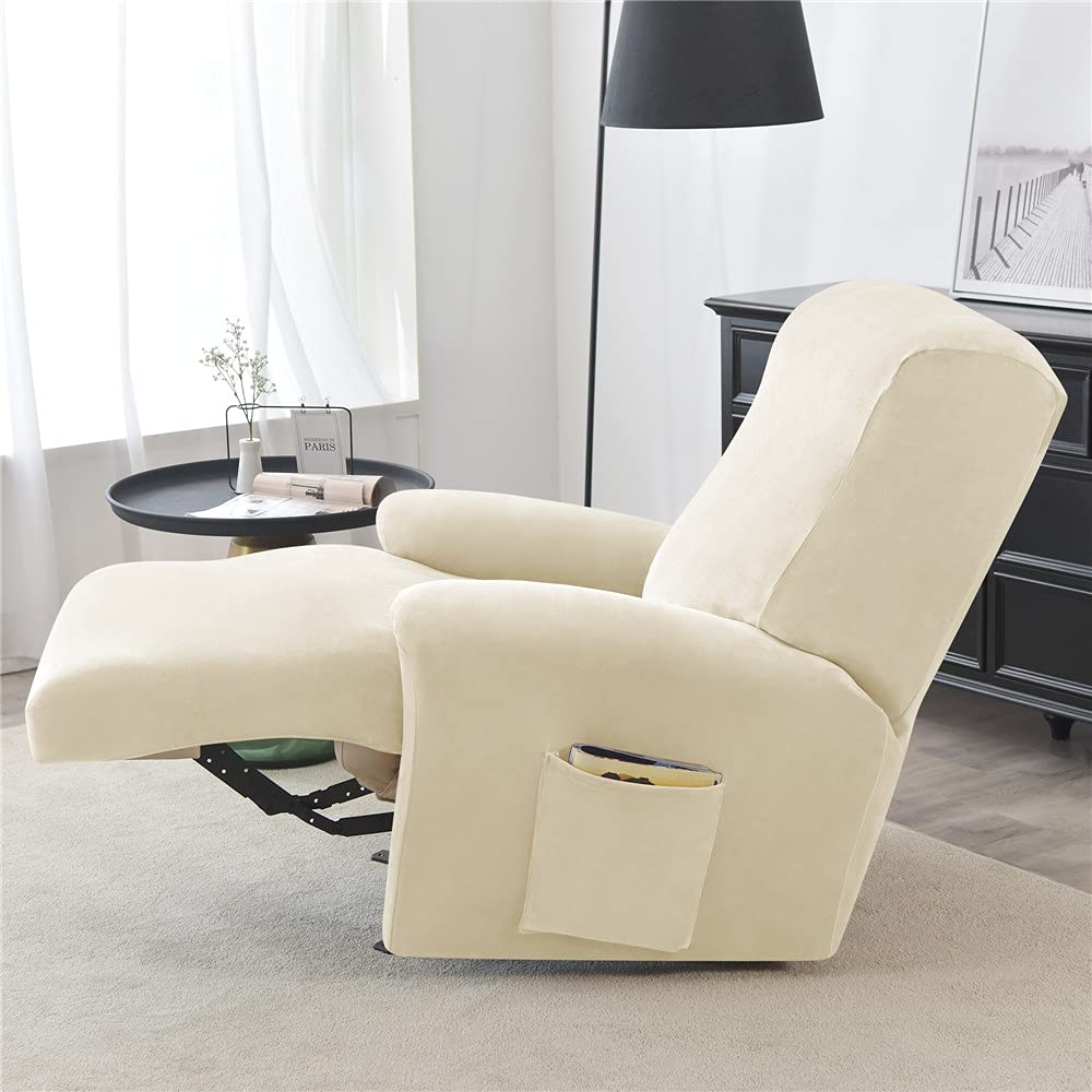 Highdi Housse de Fauteuil Relax Doux Velours Extensible, 4 Pièce Housse de Canapé Antidérapante avec Poche Latérale, Protege de Meubles Lavable pour 1 Places Fauteuil Inclinable (Beige)
