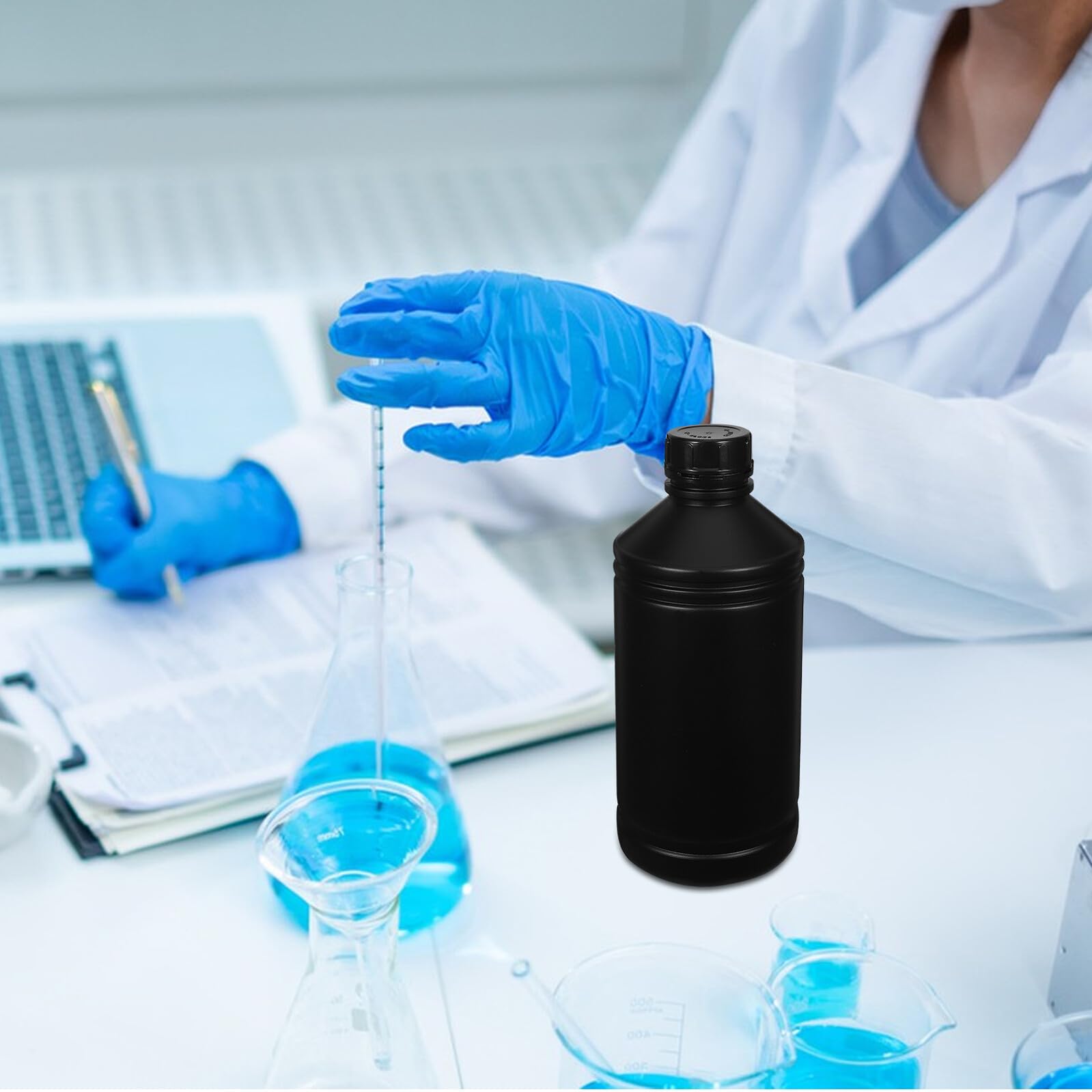 8 Bottiglie Chimiche in Hdpe 1000ml Nere con Coperchi Sigillati, Contenitori da Laboratorio per Reagenti, Antiriflesso e Resistenti a Acidi per Uso Scientifico e Industriale