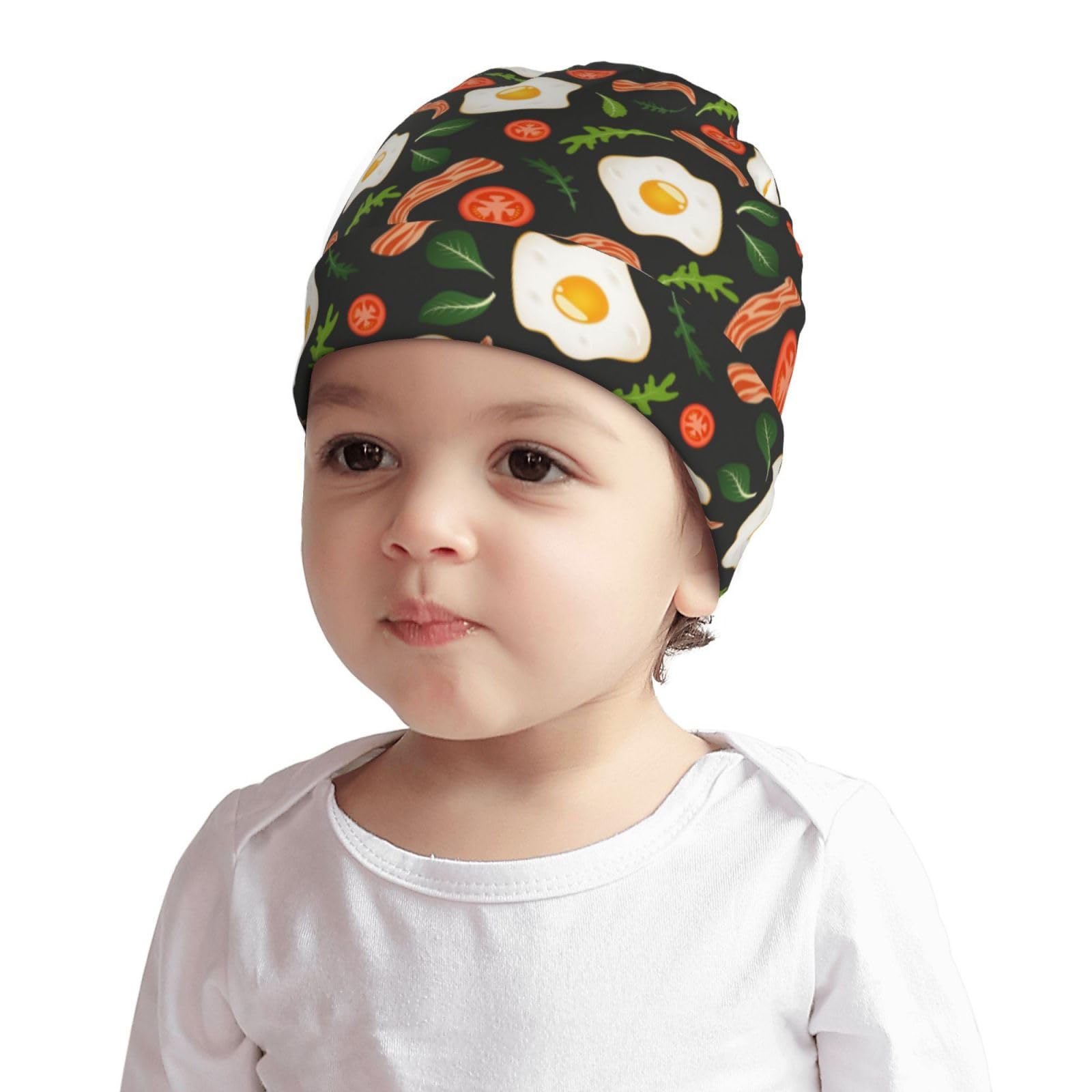 Rqzwdq Egg Yolk and Bacon Pattern Kids Beanie Hats Warm Knit Beanie Cap Skull Caps Gifts Decor for Boys Girls White