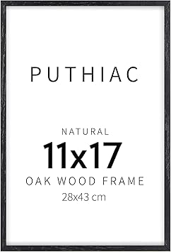 puthiac 11x17 Black Oak Wood Picture Frame - Minimalist 11x17 Poster Frame, 11"x17" Frame Wood, Natural Solid Wooden Picture Frames for Wall Art Photo and Prints (1 Pack, Black)