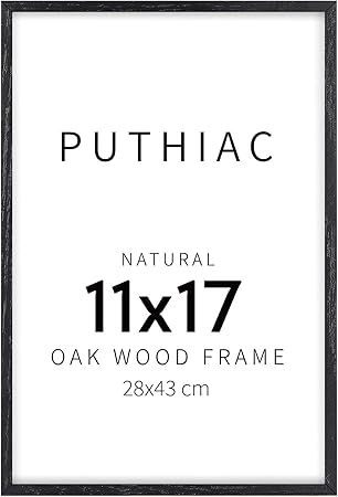 puthiac 11x17 Black Oak Wood Picture Frame - Minimalist 11x17 Poster Frame, 11"x17" Frame Wood, Natural Solid Wooden Picture Frames for Wall Art Photo and Prints (1 Pack, Black)