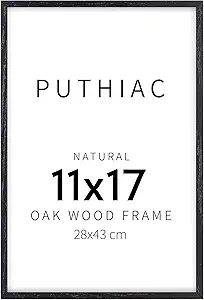 puthiac 11x17 Black Oak Wood Picture Frame - Minimalist 11x17 Poster Frame, 11"x17" Frame Wood, Natural Solid Wooden Picture Frames for Wall Art Photo and Prints (1 Pack, Black)