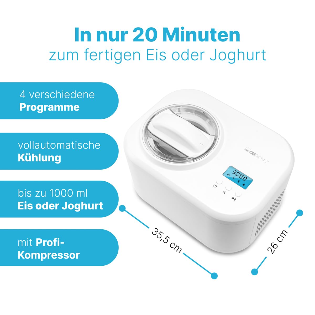 Clatronic® Eismaschine und Joghurtbereiter | Eis in 20 min. | für bis zu 1000ml | Eismaschine mit Kompressor | für Eis & Frozen Joghurt | Inkl. Rezeptvorschläge, Spachtel und Messbecher | ICM 3799