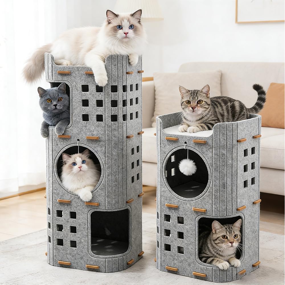 3-Stöckige Katzenhöhle aus Filz kratztonne – Katzenhaus kratztonne für Katzen höhle, 90x37cm,Faltbares Porös Katzenbett, Winterfest & Abnehmbar, Gemütliches Kätzchennest (Grau)