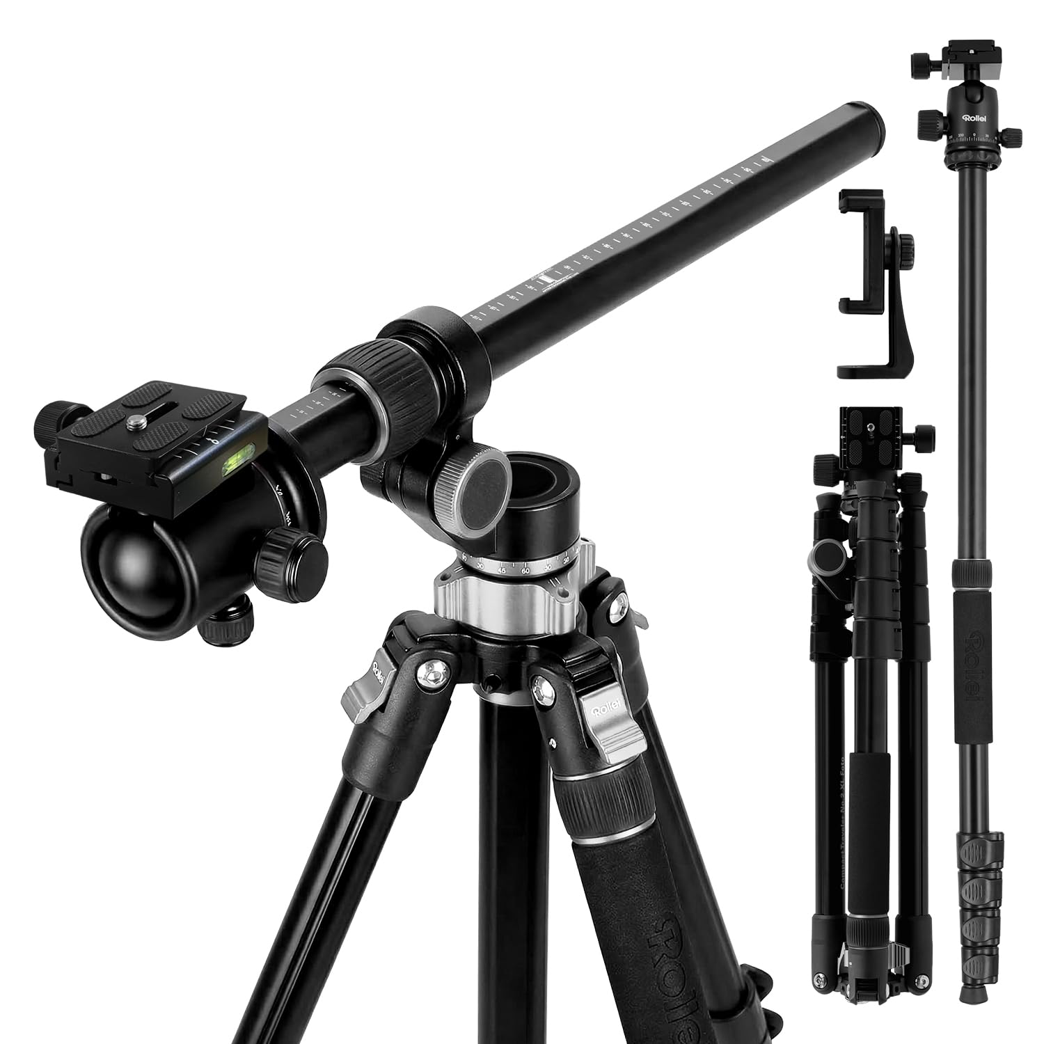 Rollei C5I | Tytan, lekki aluminiowy statyw fotograficzny, statyw podróżny z głowicą kulową i torbą na statyw, może być używany jako statyw makro, monopod i mini statyw, płyta szybkiego zwalniania Arca Swiss